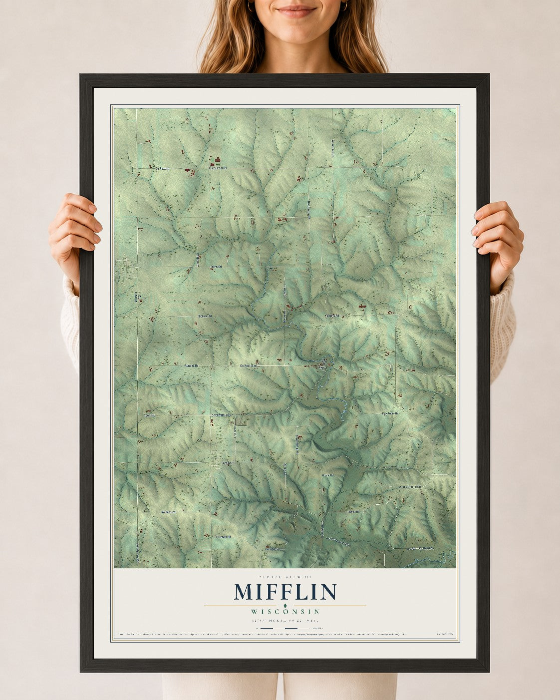 Map of Mifflin, Wisconsin, 24 x 36 inch print in a black wood frame