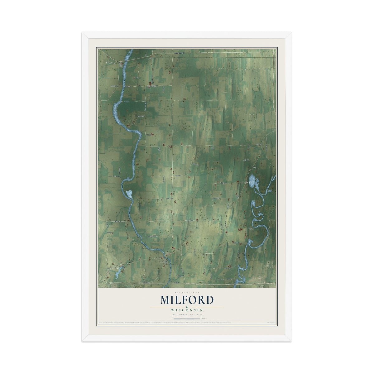 Map of Milford, Wisconsin, 12 x 18 inch print in a white wood frame