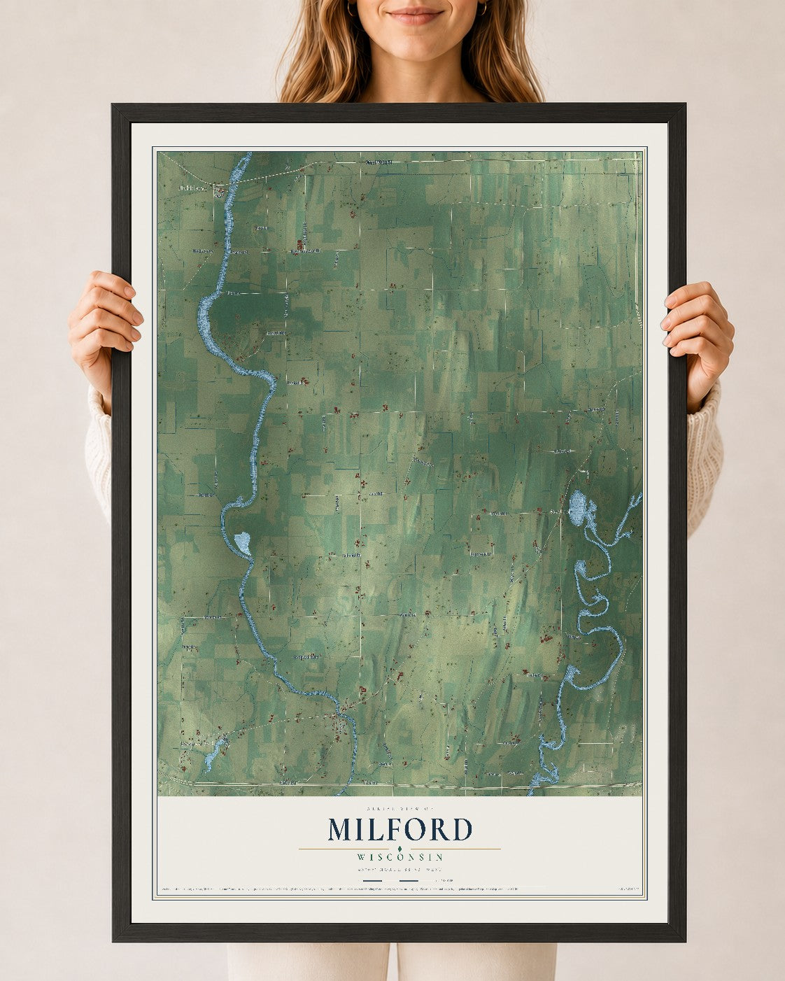 Map of Milford, Wisconsin, 24 x 36 inch print in a black wood frame