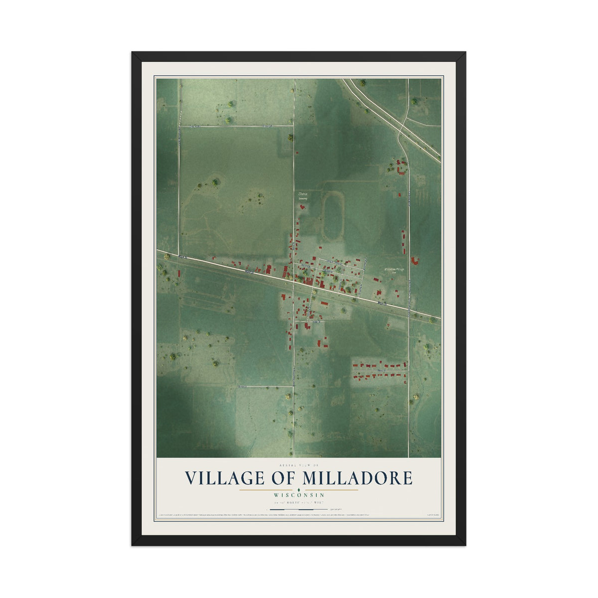 Map of Milladore, Wisconsin, 12 x 18 inch print in a black wood frame