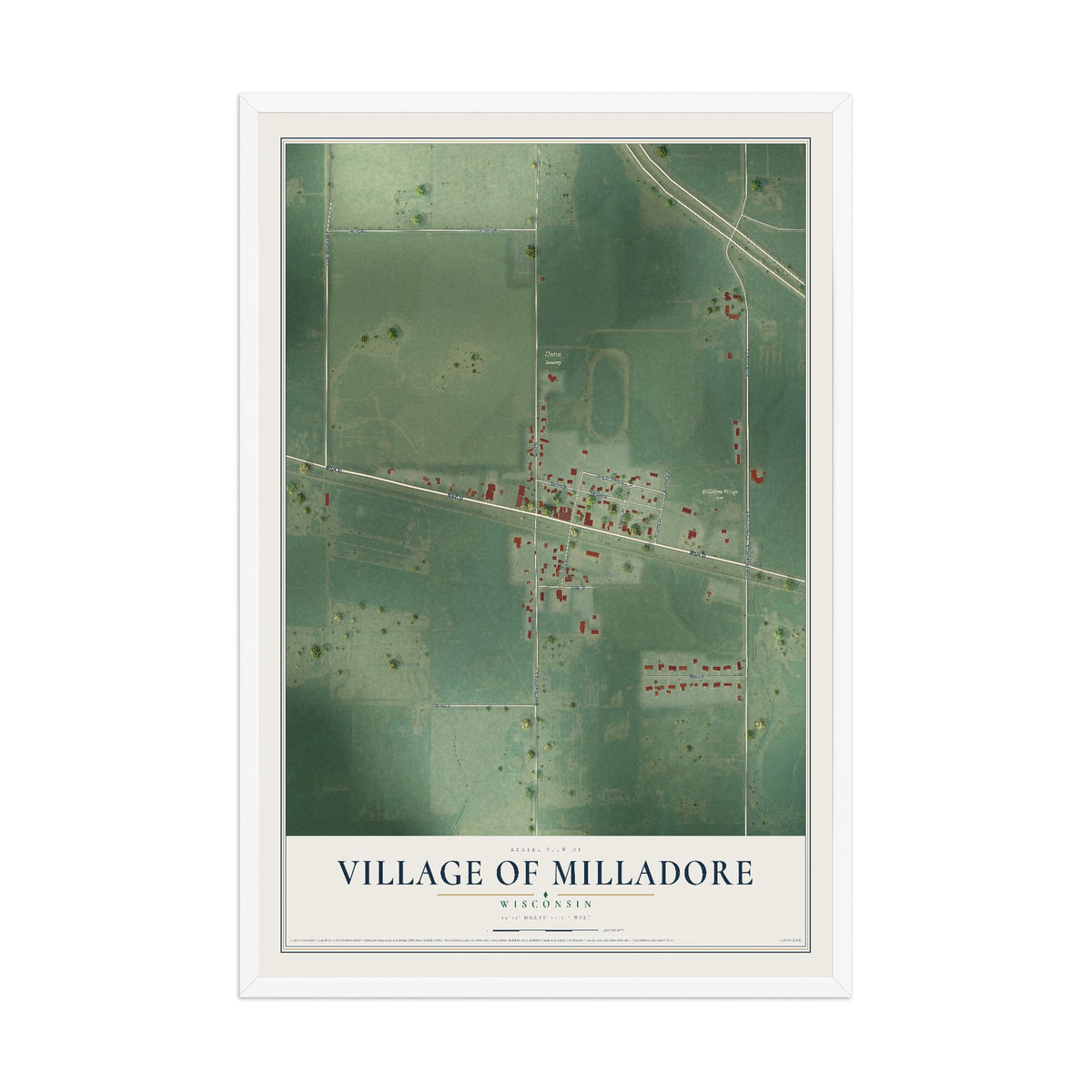 Map of Milladore, Wisconsin, 12 x 18 inch print in a white wood frame