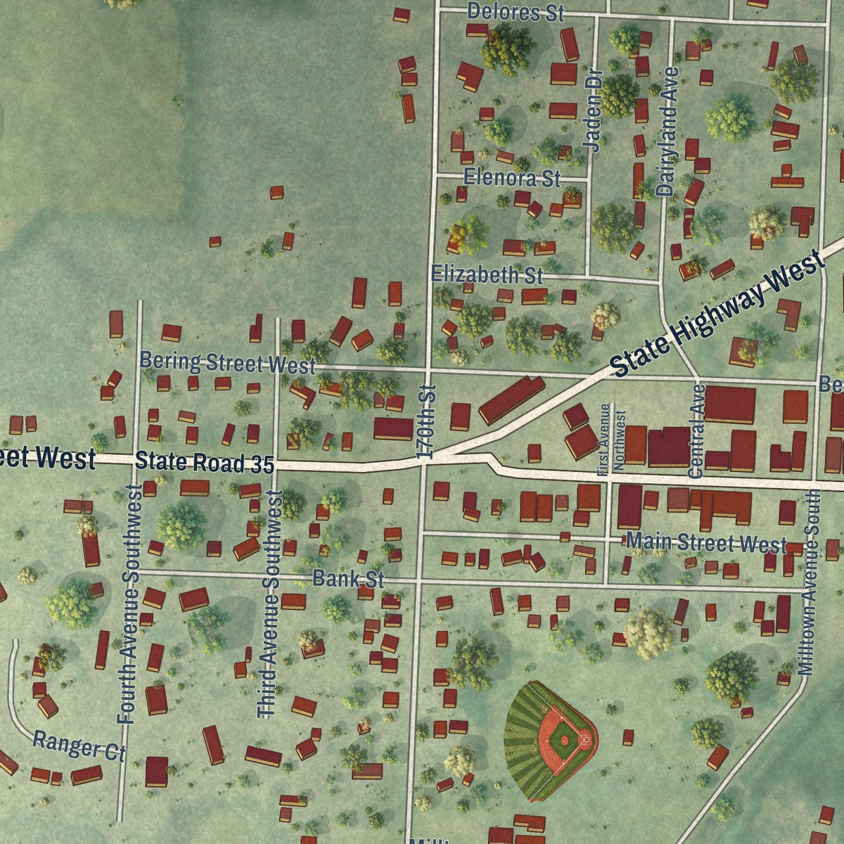 Close-up of the map of Milltown, Wisconsin print showing street and building detail