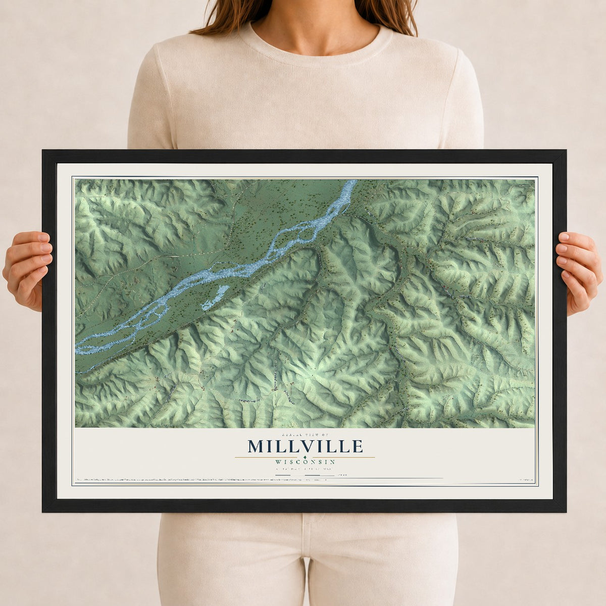 Map of Millville, Wisconsin, 12 x 18 inch print in a black wood frame