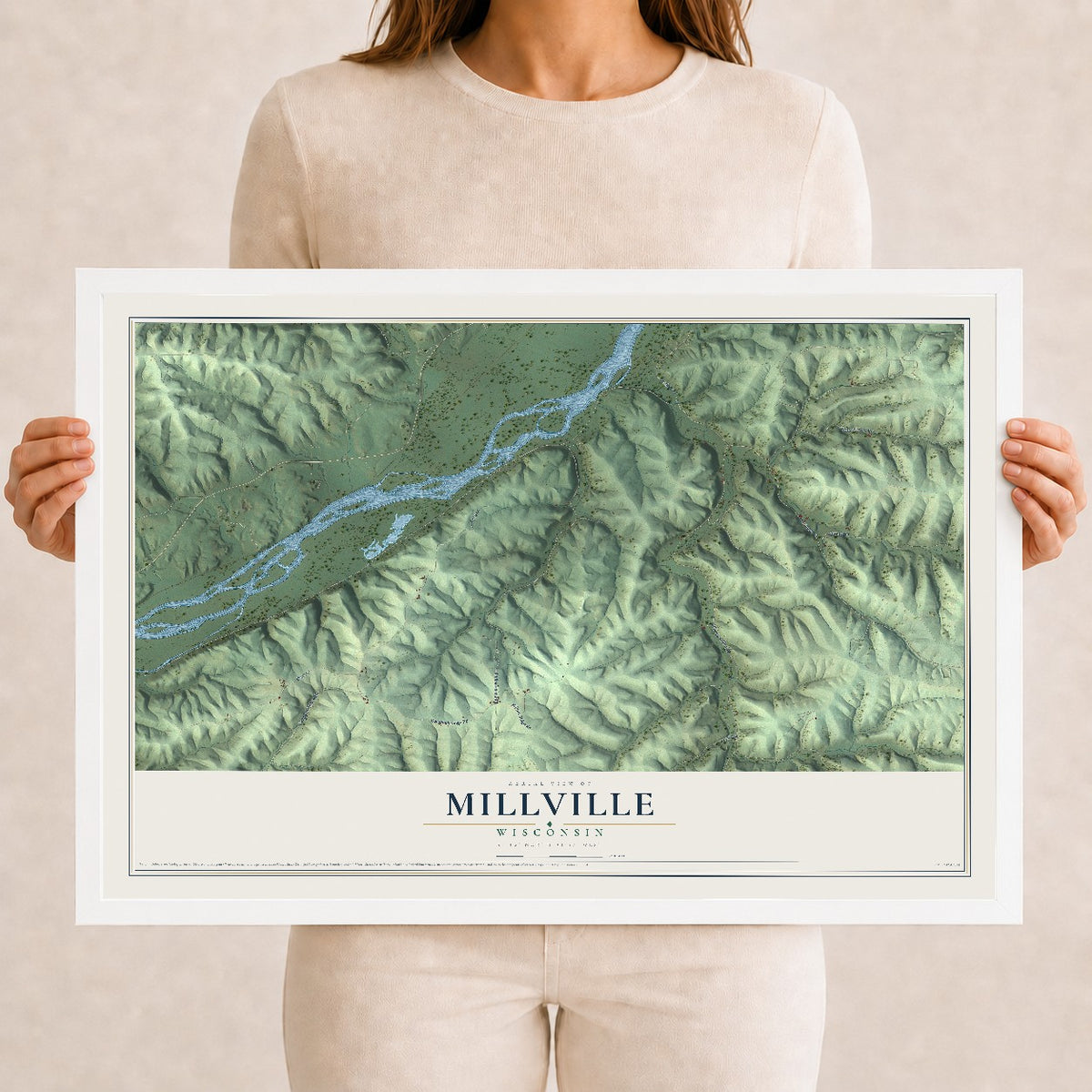Map of Millville, Wisconsin, 12 x 18 inch print in a white wood frame
