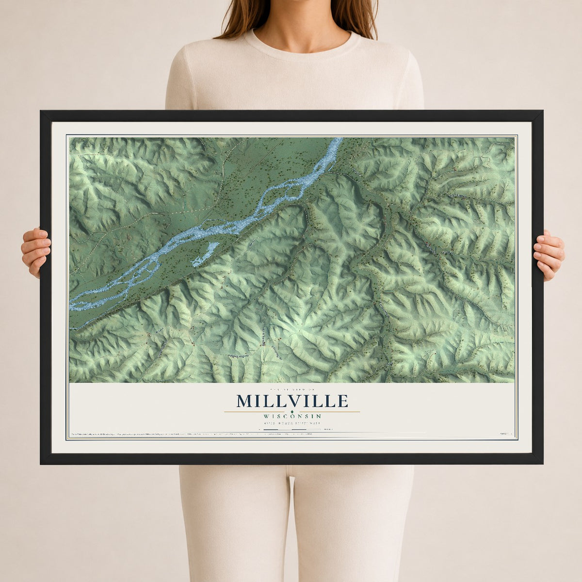 Map of Millville, Wisconsin, 24 x 36 inch print in a black wood frame