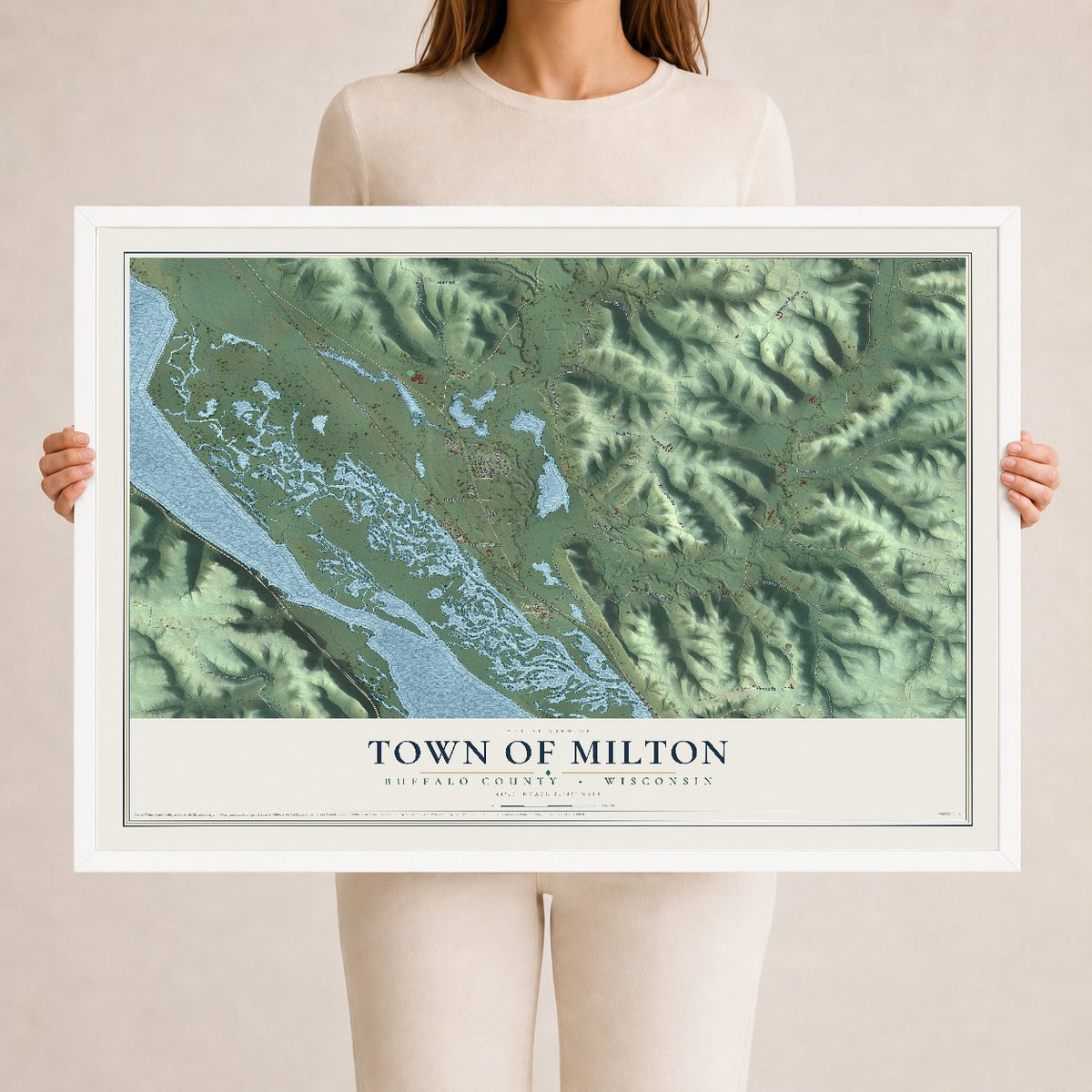 Map of the Town of Milton, Buffalo County, Wisconsin, 24 x 36 inch print in a white wood frame