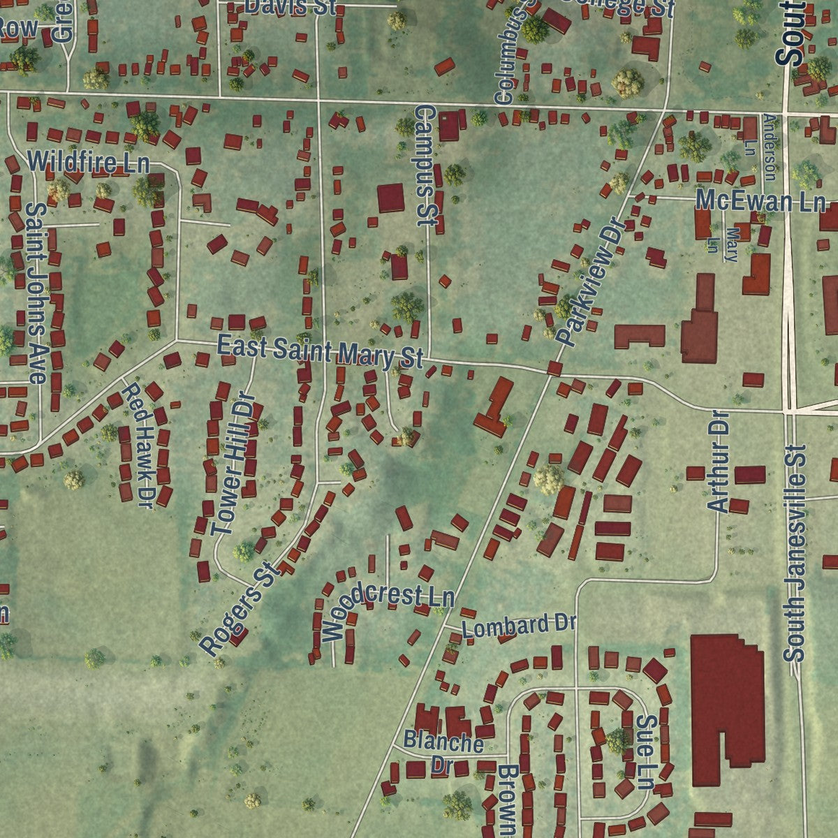 Close-up of the map of Milton, Wisconsin print showing street and building detail