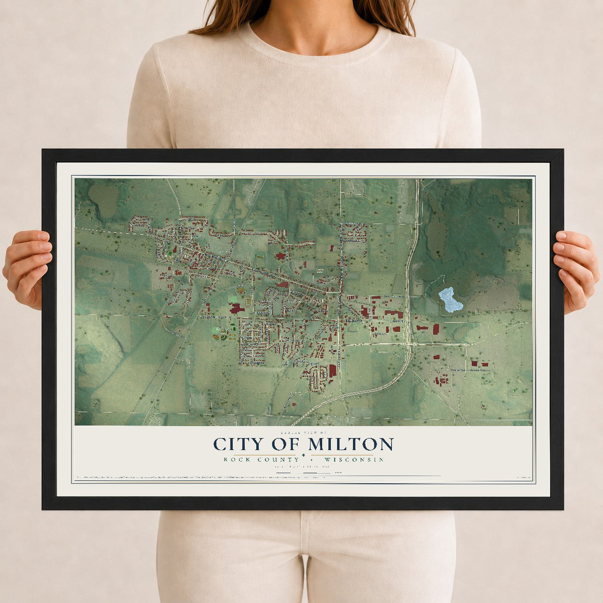 Map of Milton, Wisconsin, 12 x 18 inch print in a black wood frame
