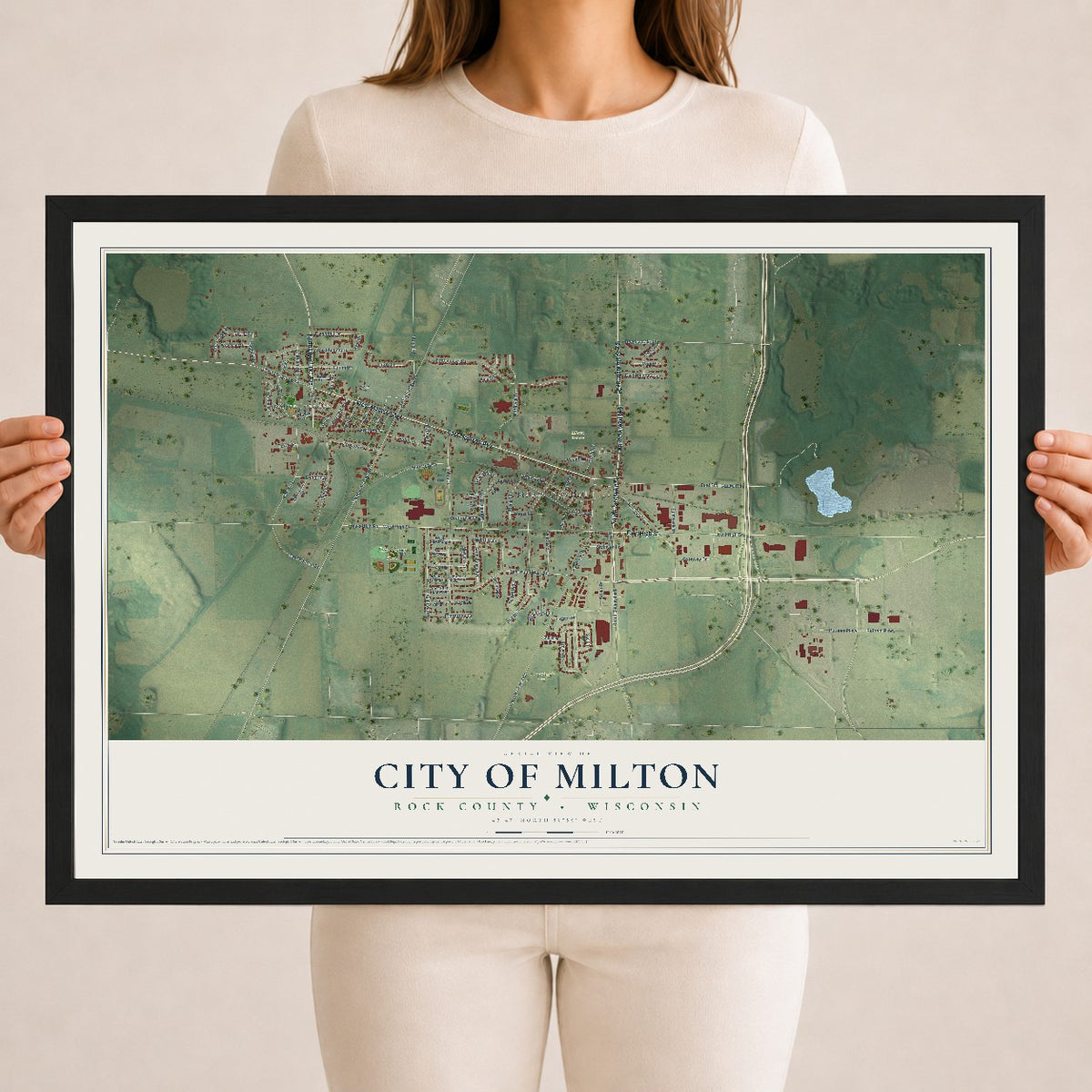 Map of Milton, Wisconsin, 18 x 24 inch print in a black wood frame