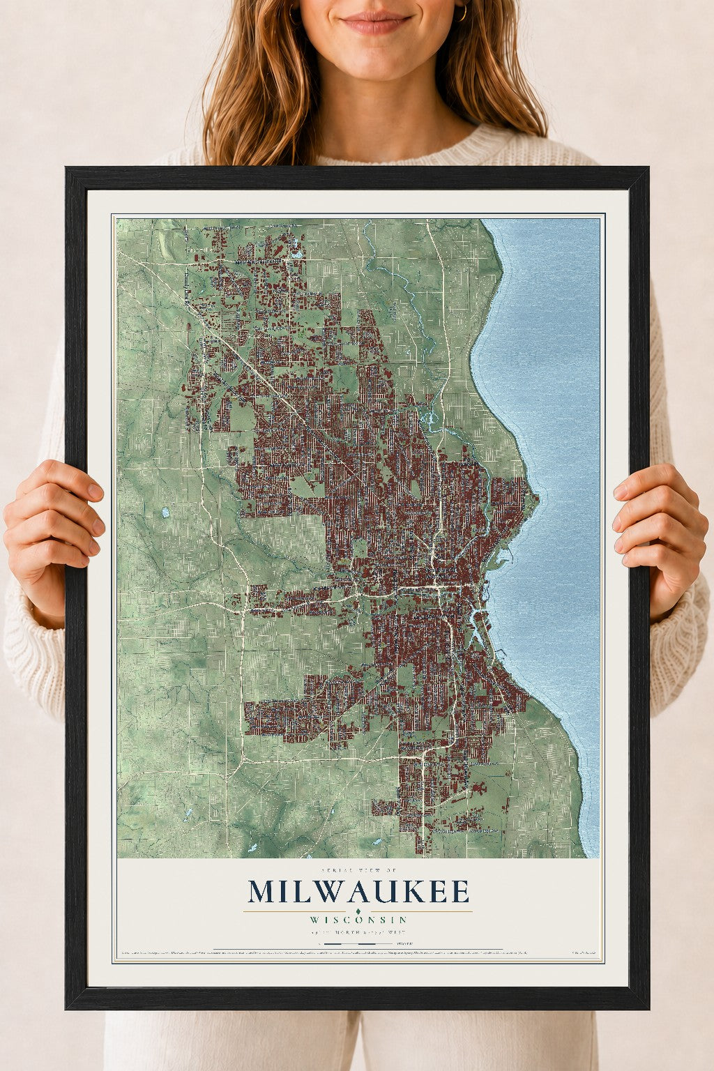 Map of Milwaukee, Wisconsin, 18 x 24 inch print in a black wood frame