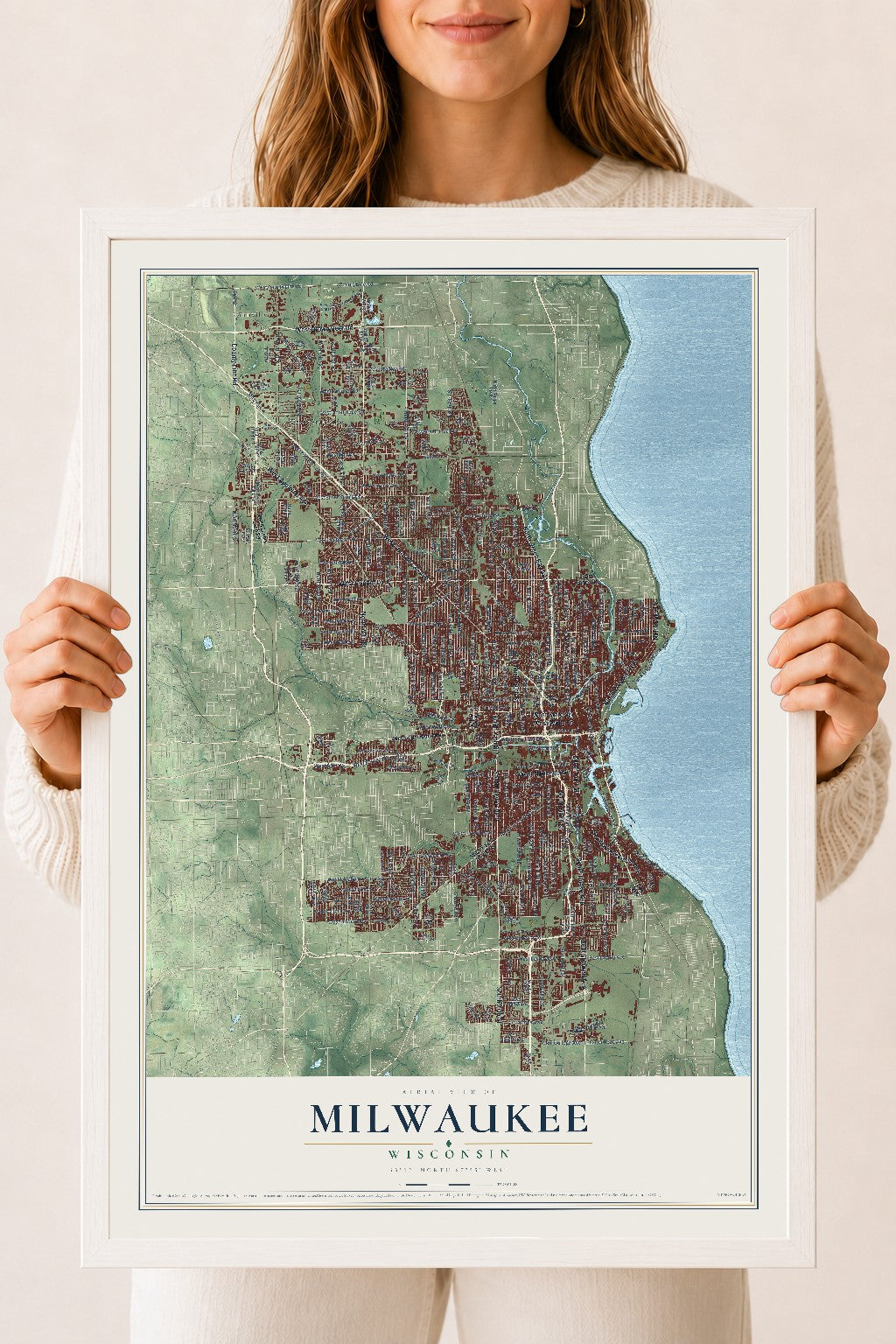 Map of Milwaukee, Wisconsin, 18 x 24 inch print in a white wood frame