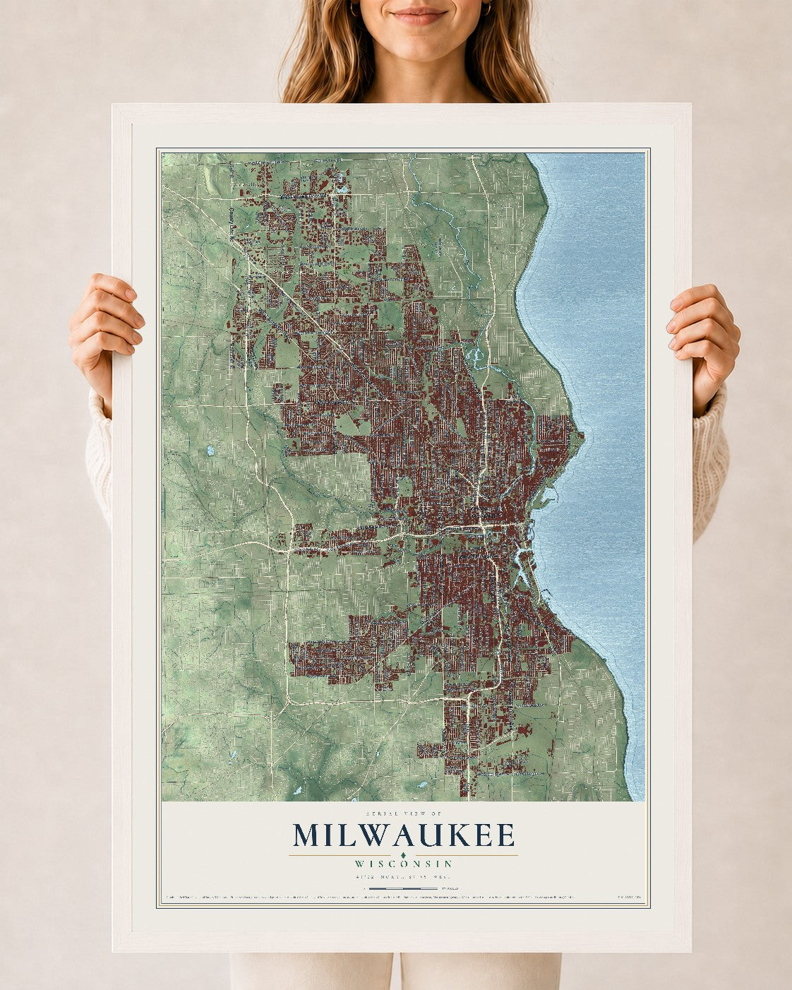 Map of Milwaukee, Wisconsin, 24 x 36 inch print in a white wood frame