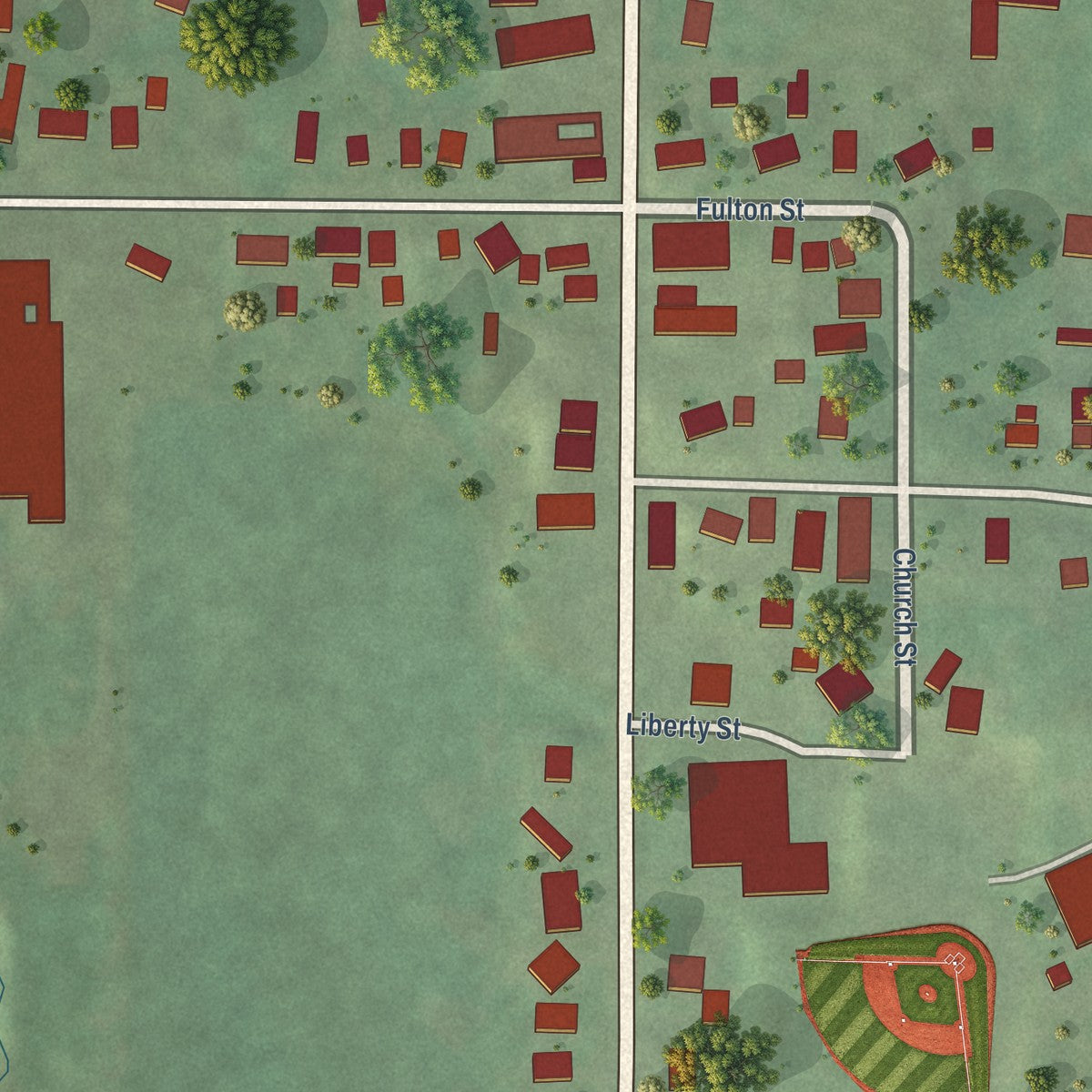 Close-up of the map of Mindoro, Wisconsin print showing street and building detail