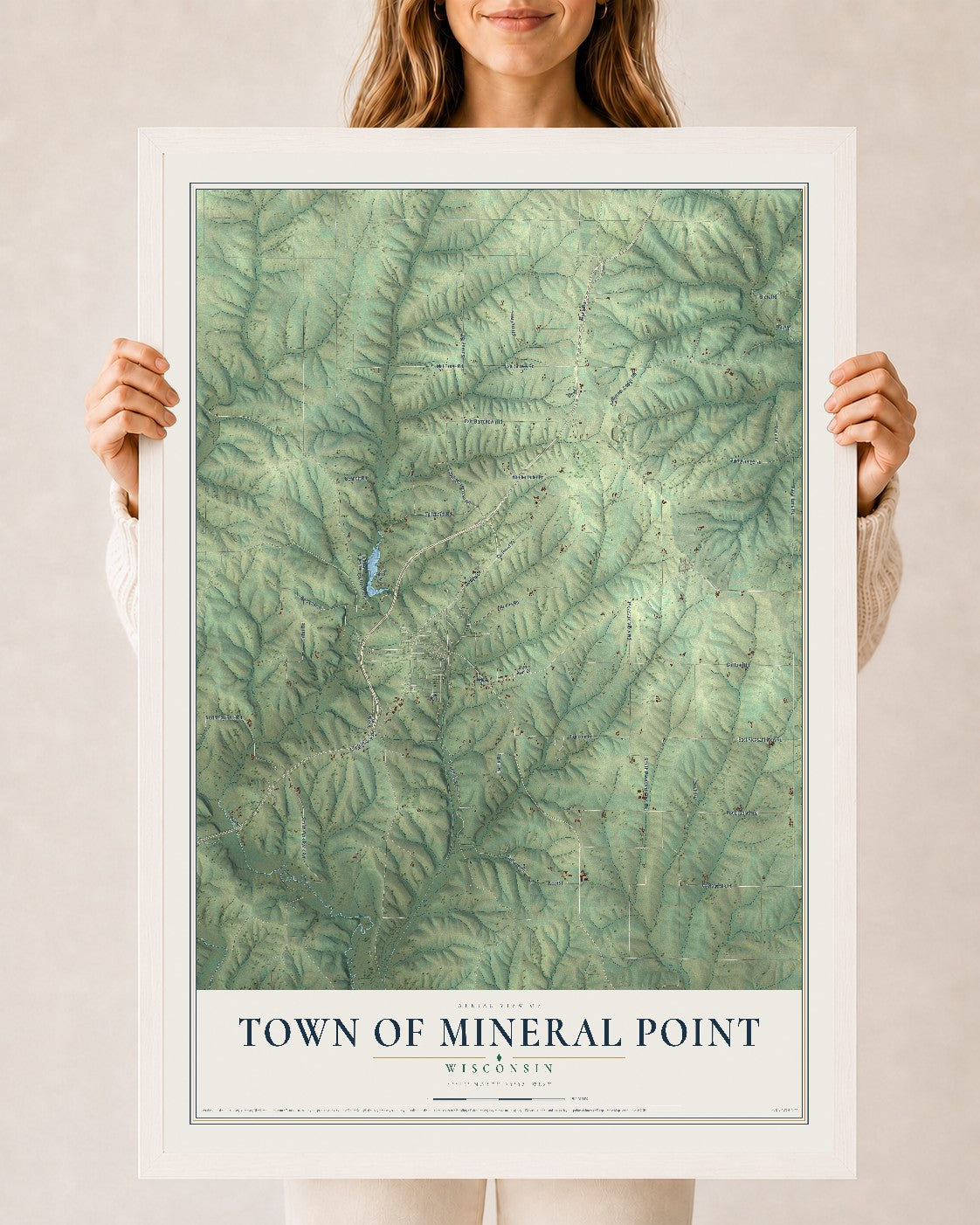 Map of the Town of Mineral Point, Wisconsin, 24 x 36 inch print in a white wood frame