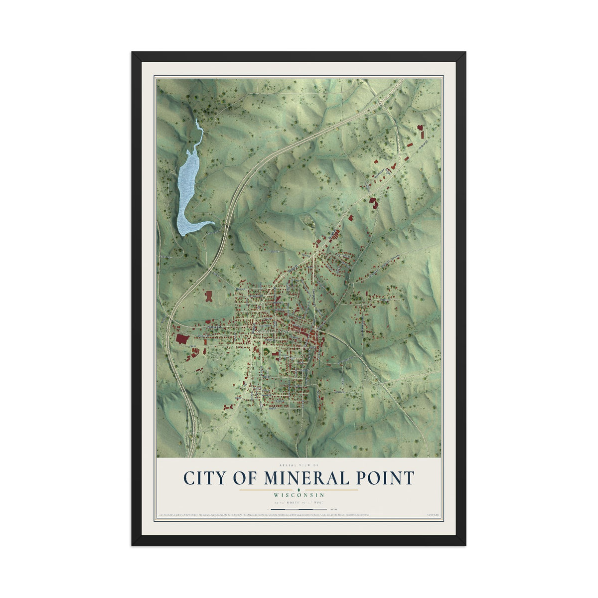 Map of Mineral Point, Wisconsin, 12 x 18 inch print in a black wood frame