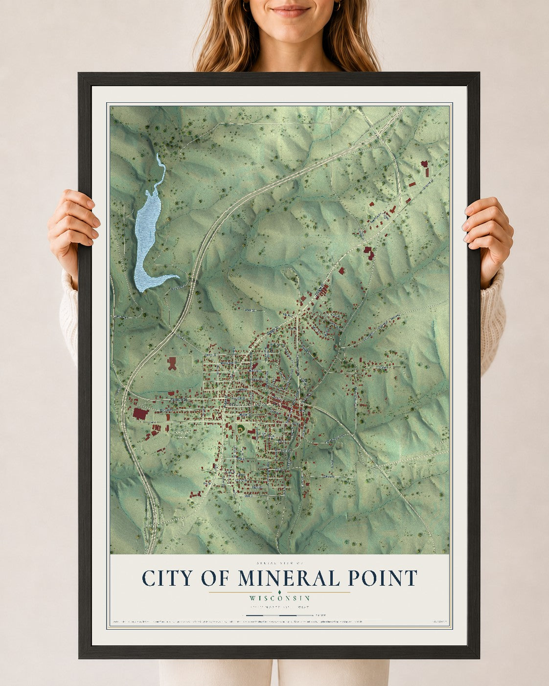 Map of Mineral Point, Wisconsin, 24 x 36 inch print in a black wood frame