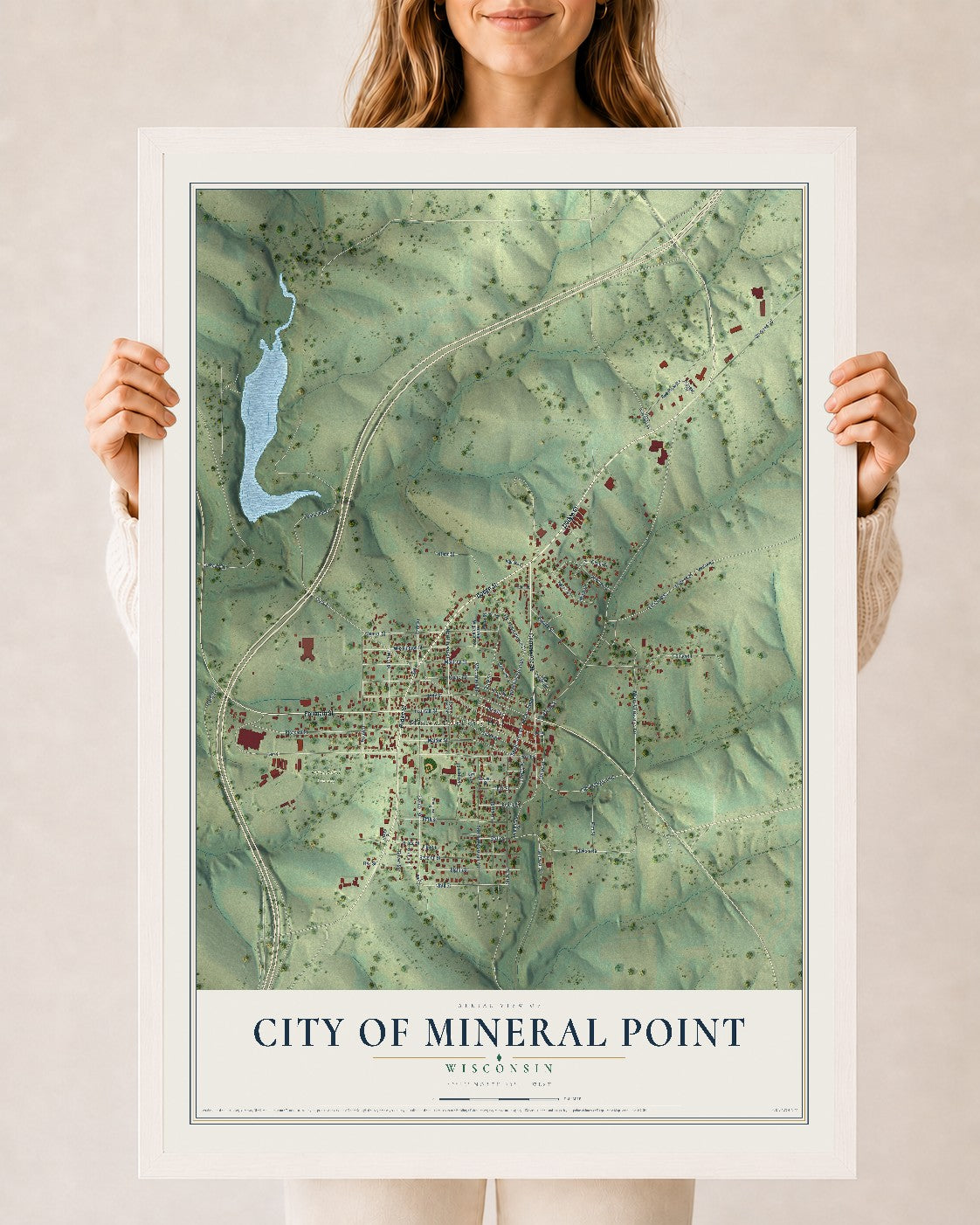 Map of Mineral Point, Wisconsin, 24 x 36 inch print in a white wood frame