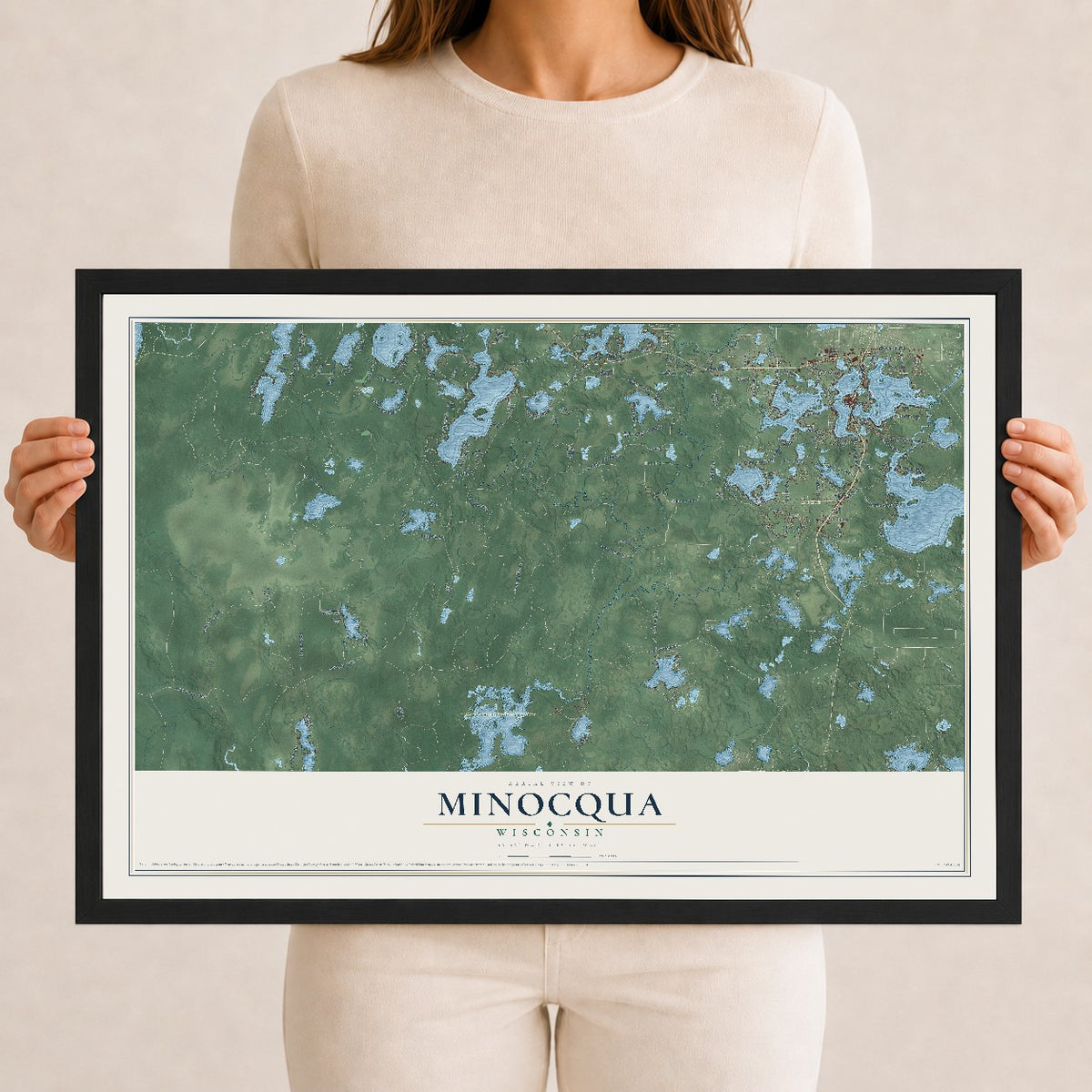 Map of Minocqua, Wisconsin, 12 x 18 inch print in a black wood frame