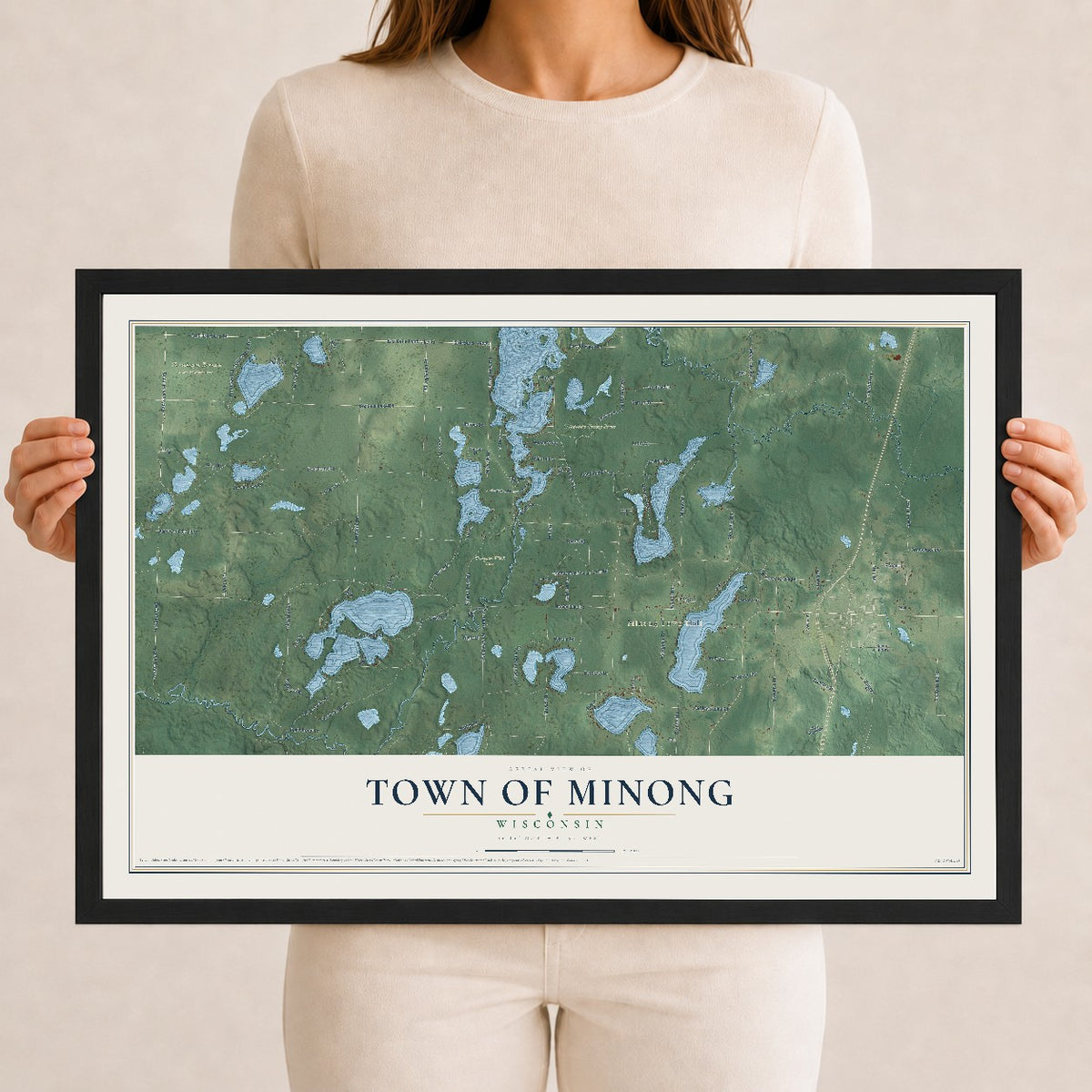 Map of the Town of Minong, Wisconsin, 12 x 18 inch print in a black wood frame