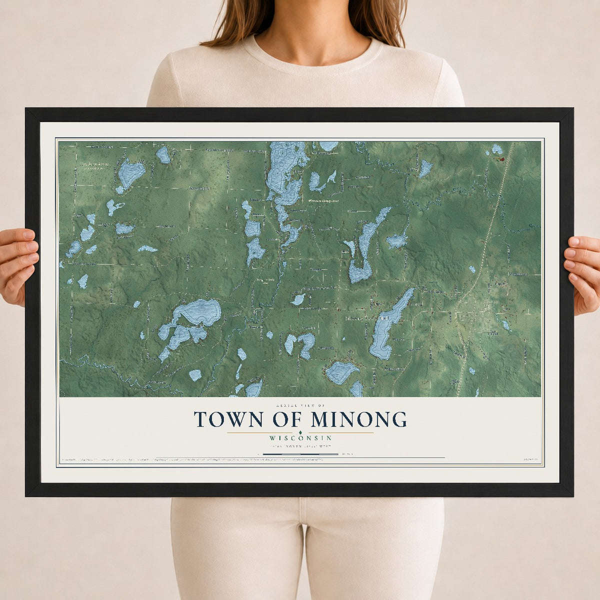 Map of the Town of Minong, Wisconsin, 18 x 24 inch print in a black wood frame