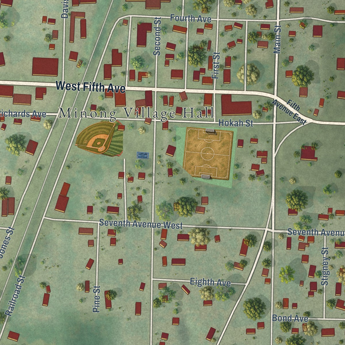 Close-up of the map of Minong, Wisconsin print showing street and building detail