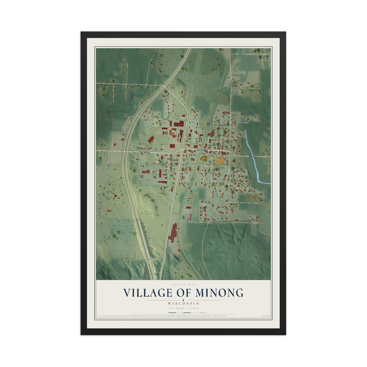 Map of Minong, Wisconsin, 12 x 18 inch print in a black wood frame