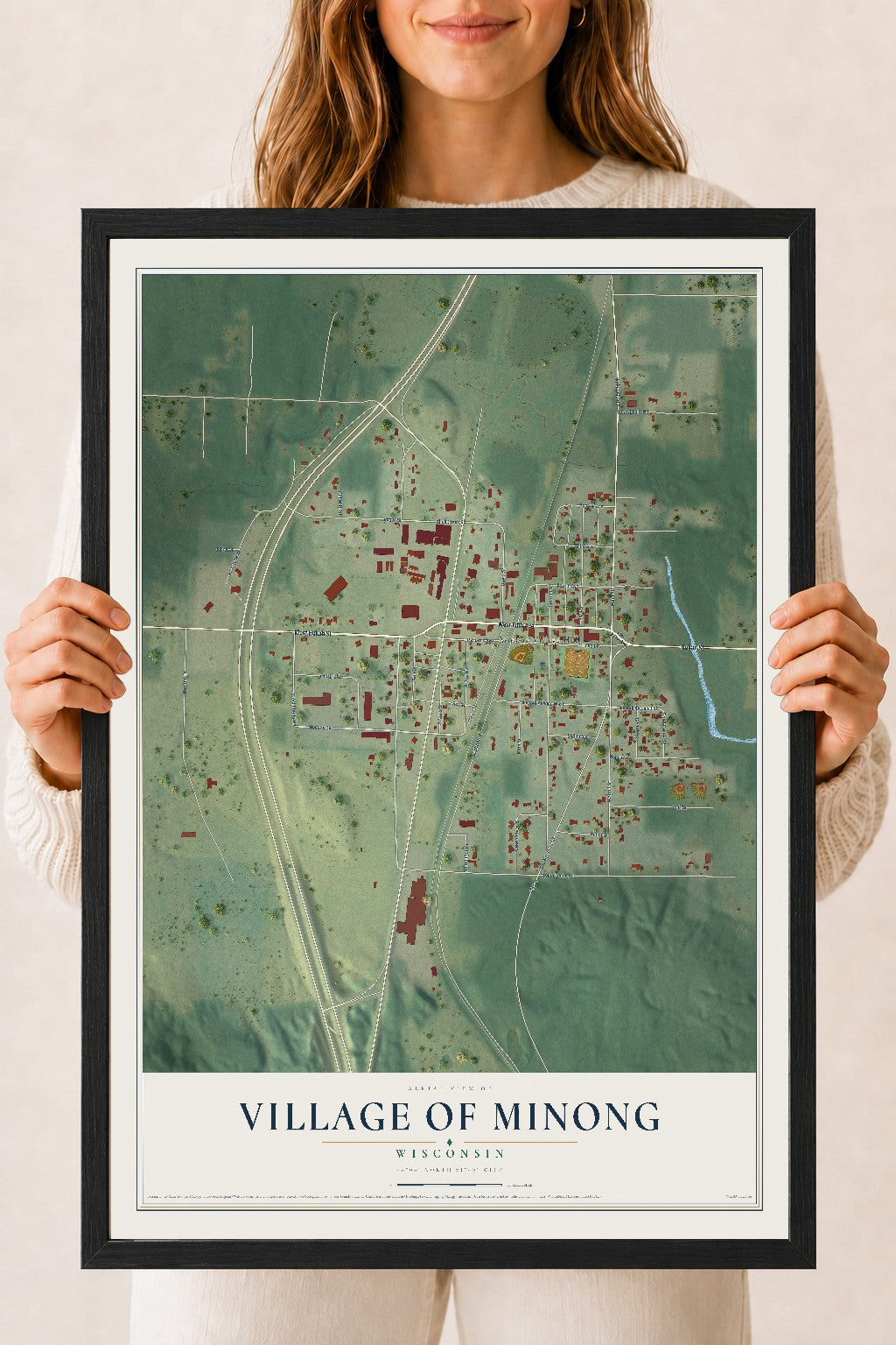 Map of Minong, Wisconsin, 18 x 24 inch print in a black wood frame