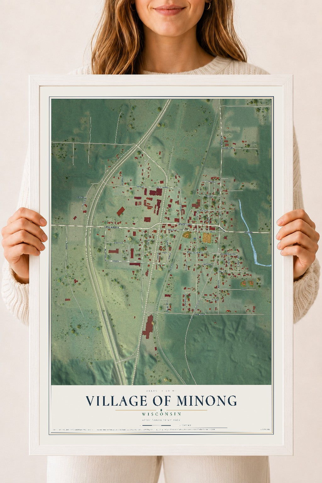 Map of Minong, Wisconsin, 18 x 24 inch print in a white wood frame