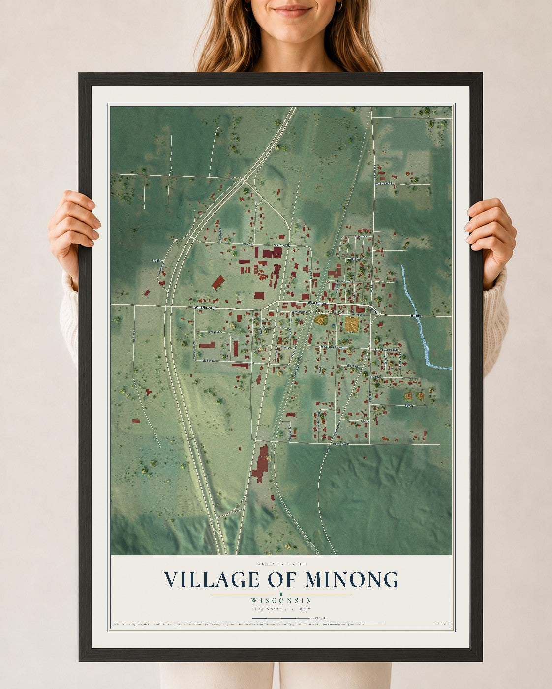 Map of Minong, Wisconsin, 24 x 36 inch print in a black wood frame