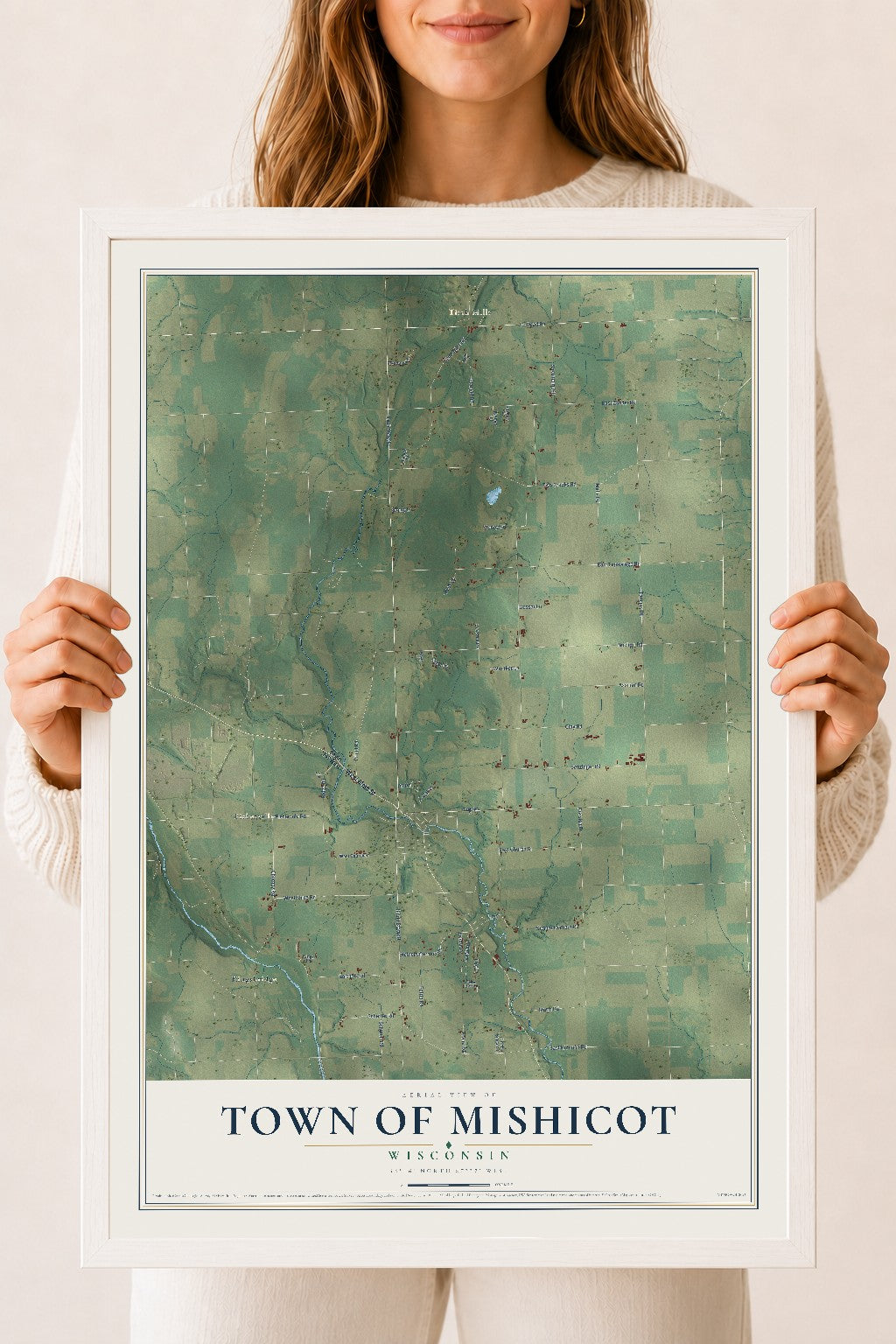 Map of the Town of Mishicot, Wisconsin, 18 x 24 inch print in a white wood frame