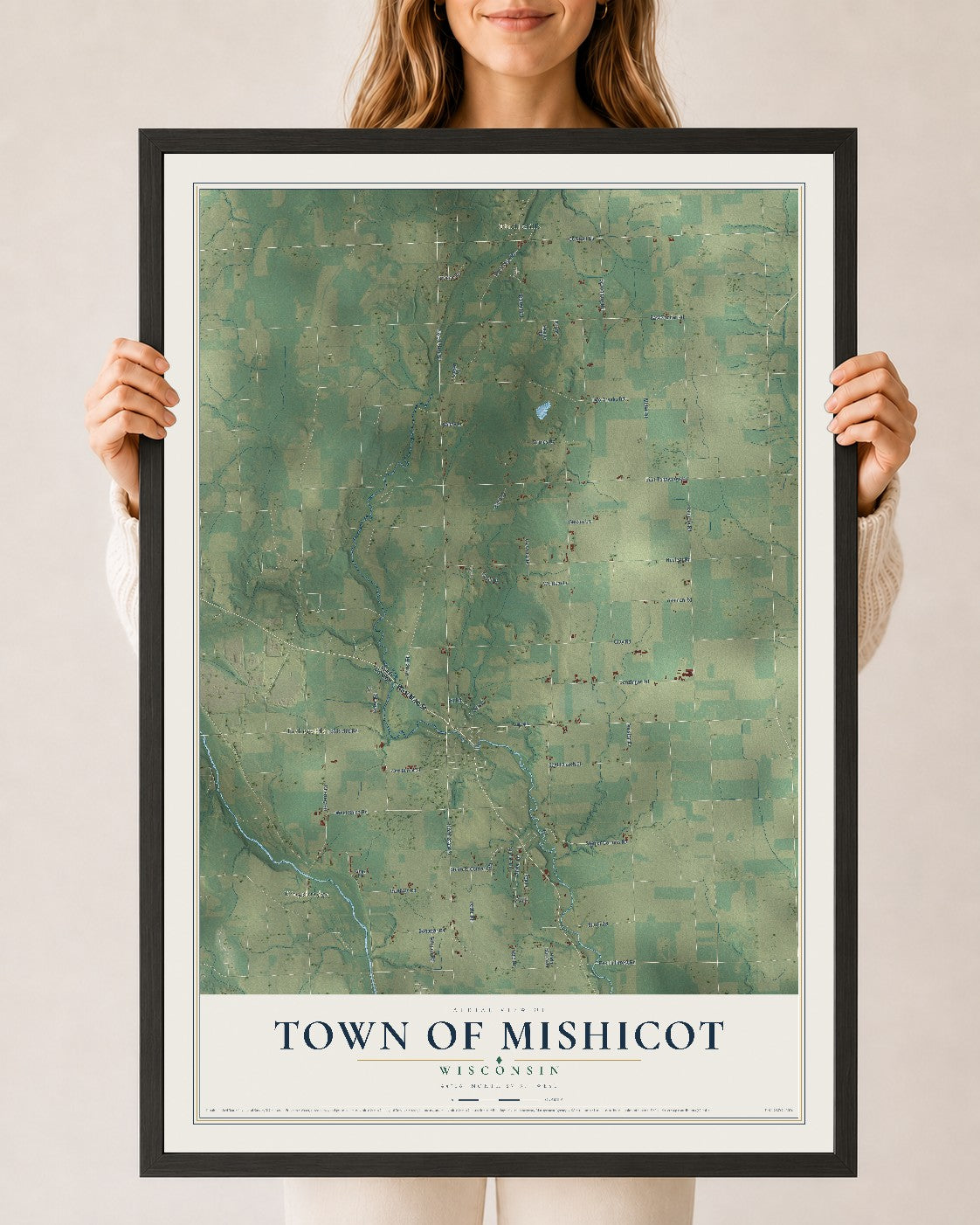 Map of the Town of Mishicot, Wisconsin, 24 x 36 inch print in a black wood frame