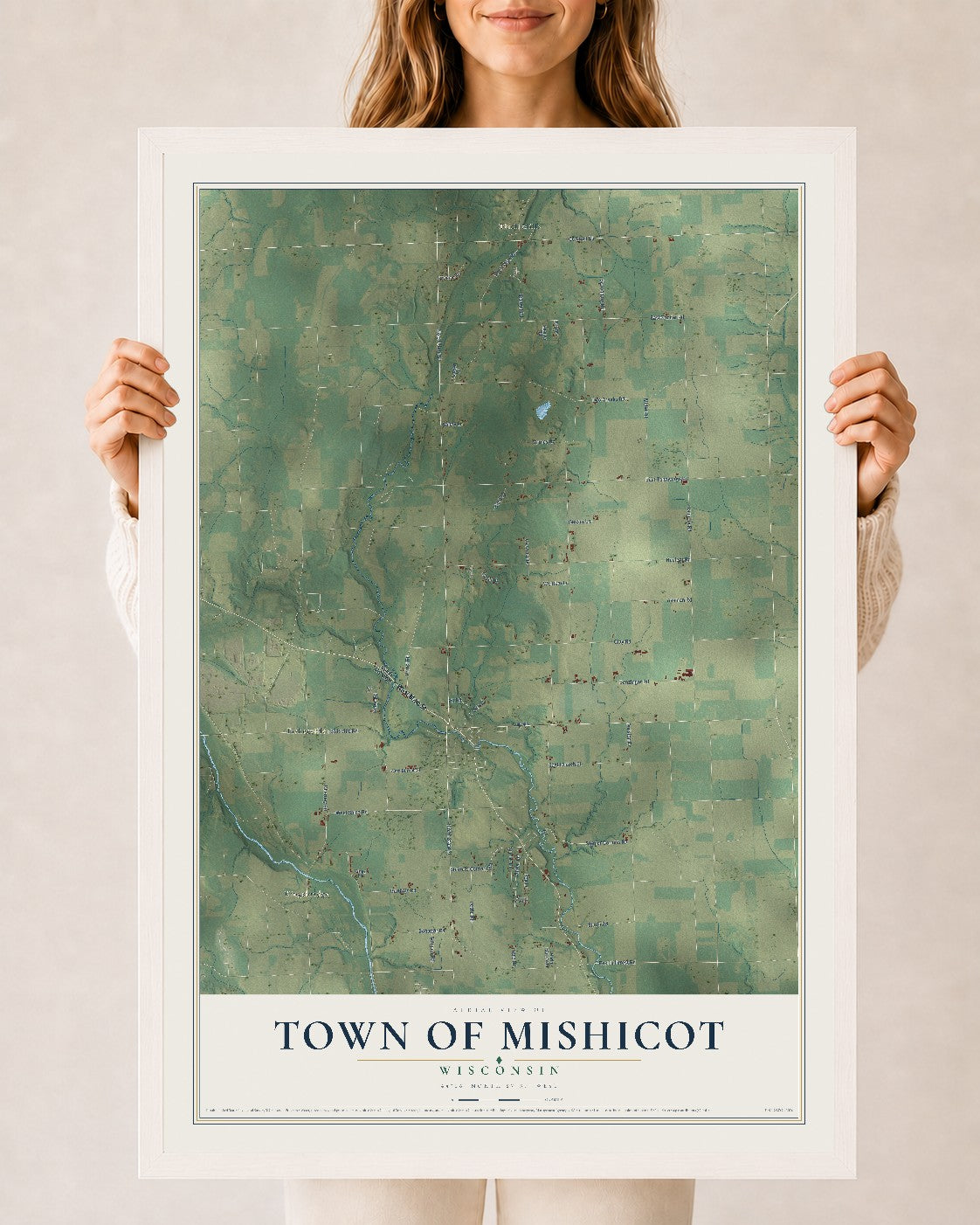 Map of the Town of Mishicot, Wisconsin, 24 x 36 inch print in a white wood frame