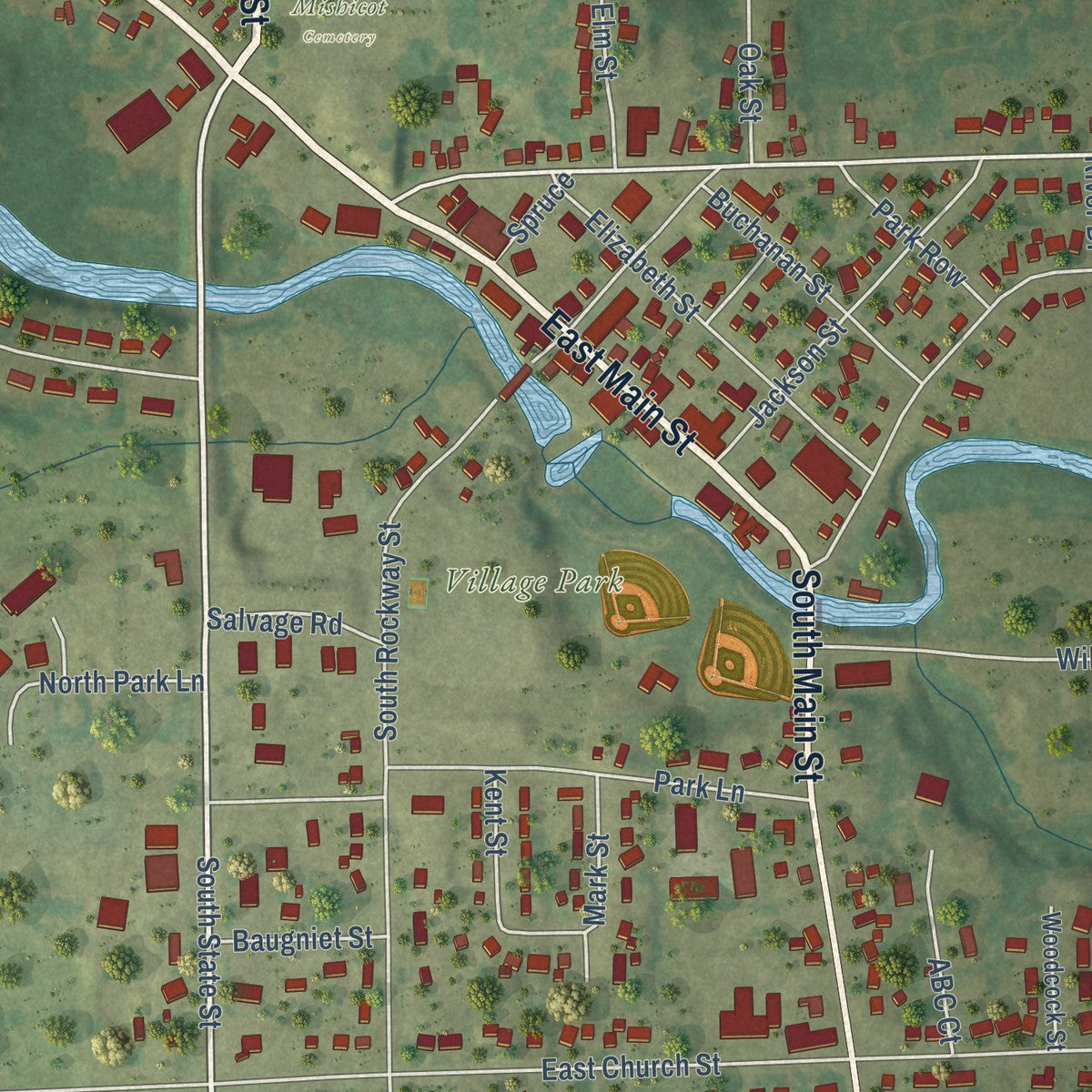 Close-up of the map of Mishicot, Wisconsin print showing street and building detail