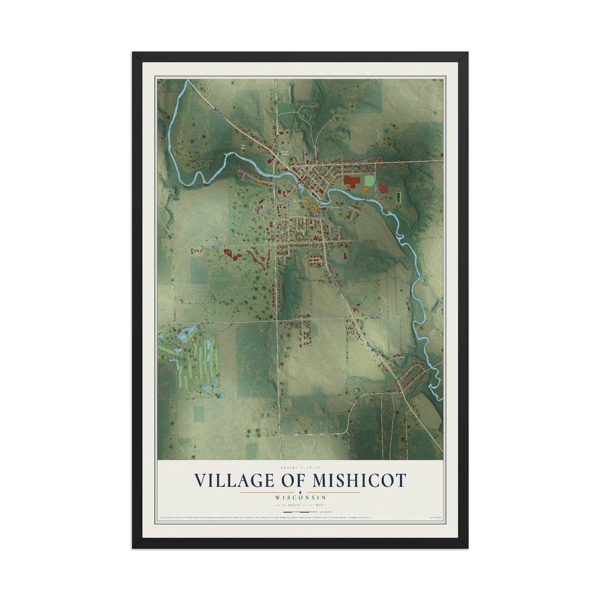 Map of Mishicot, Wisconsin, 12 x 18 inch print in a black wood frame