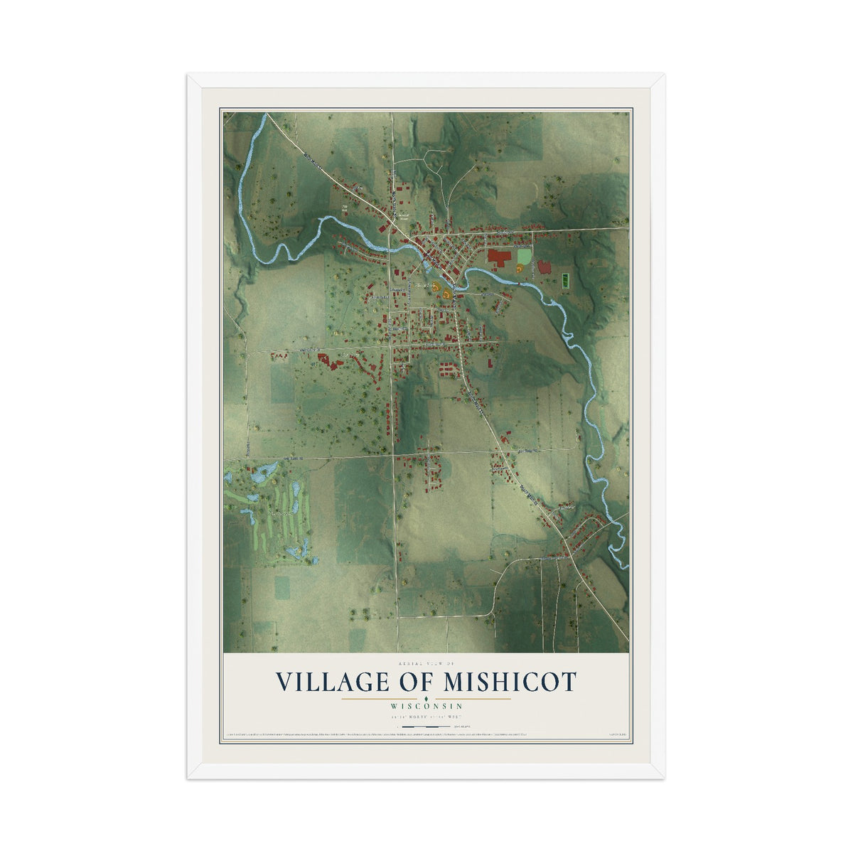 Map of Mishicot, Wisconsin, 12 x 18 inch print in a white wood frame