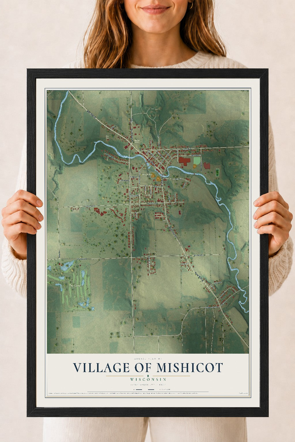 Map of Mishicot, Wisconsin, 18 x 24 inch print in a black wood frame