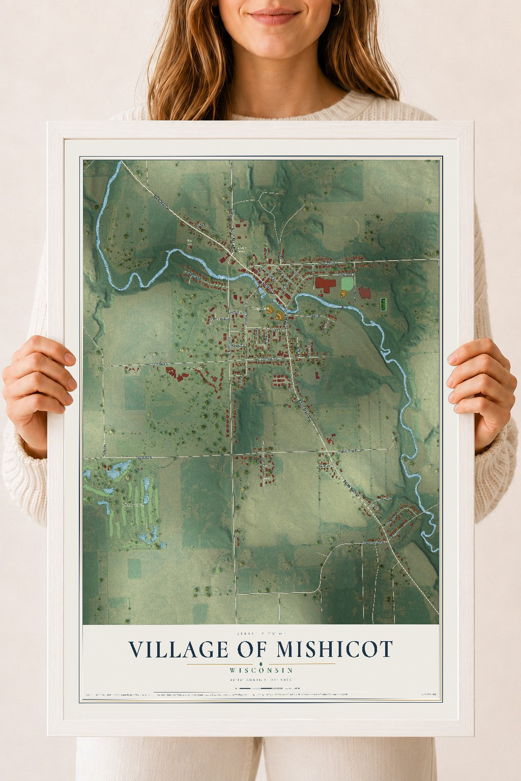 Map of Mishicot, Wisconsin, 18 x 24 inch print in a white wood frame