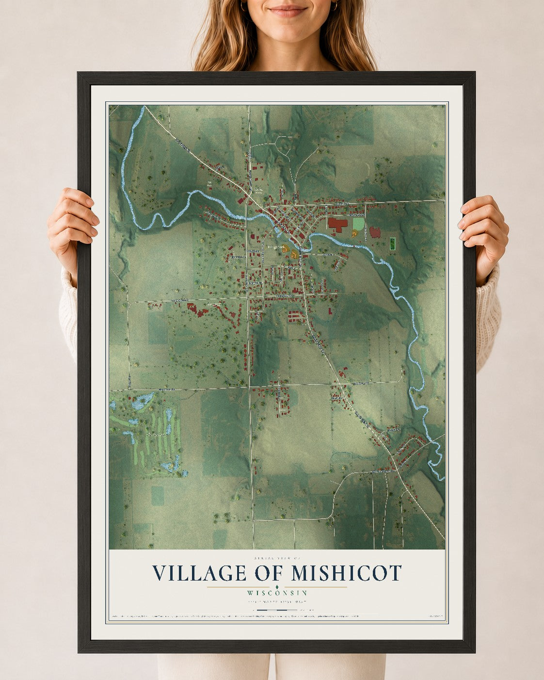 Map of Mishicot, Wisconsin, 24 x 36 inch print in a black wood frame
