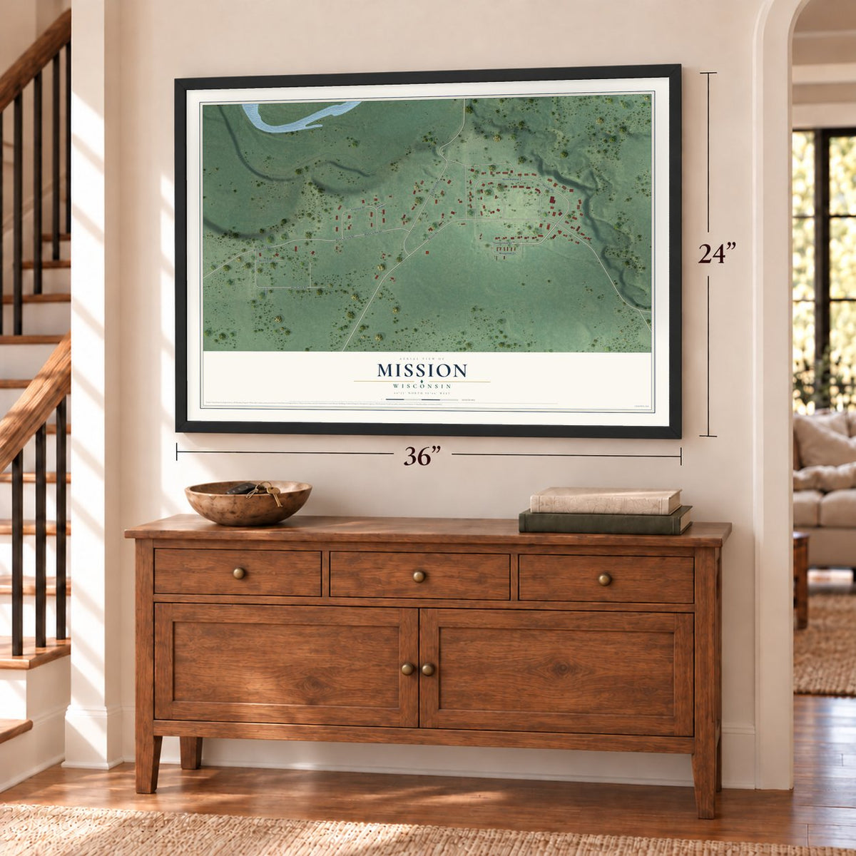 Mission, Wisconsin map, 24 x 36 inch print in a black frame above a dresser by a staircase