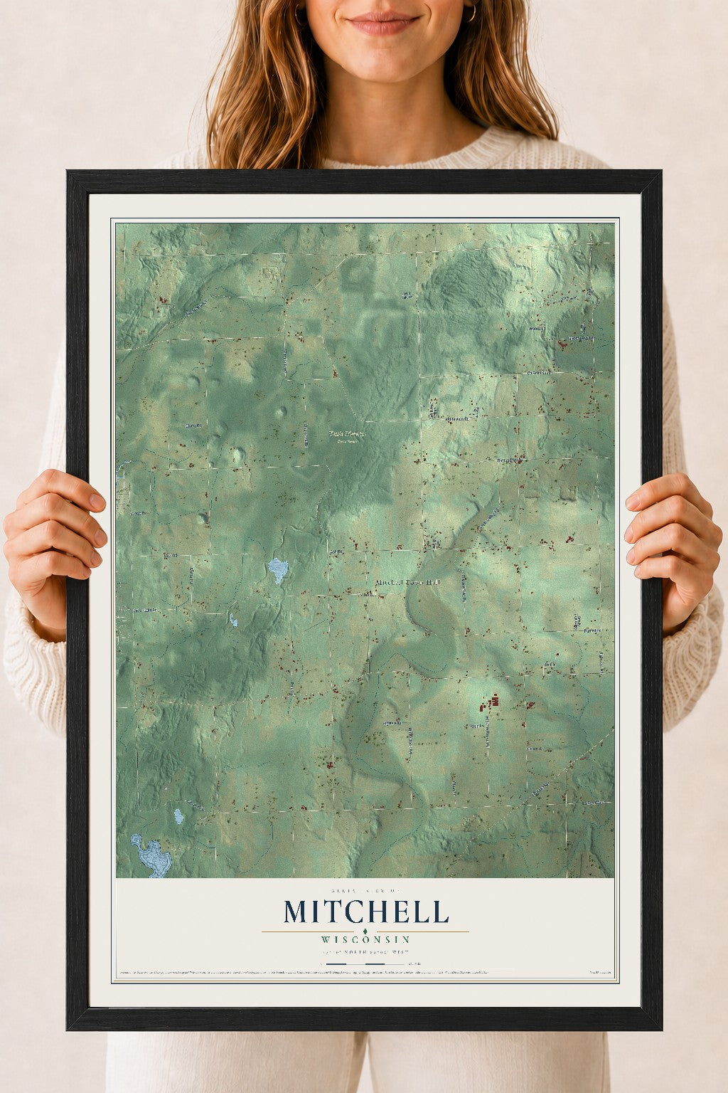 Map of Mitchell, Wisconsin, 18 x 24 inch print in a black wood frame