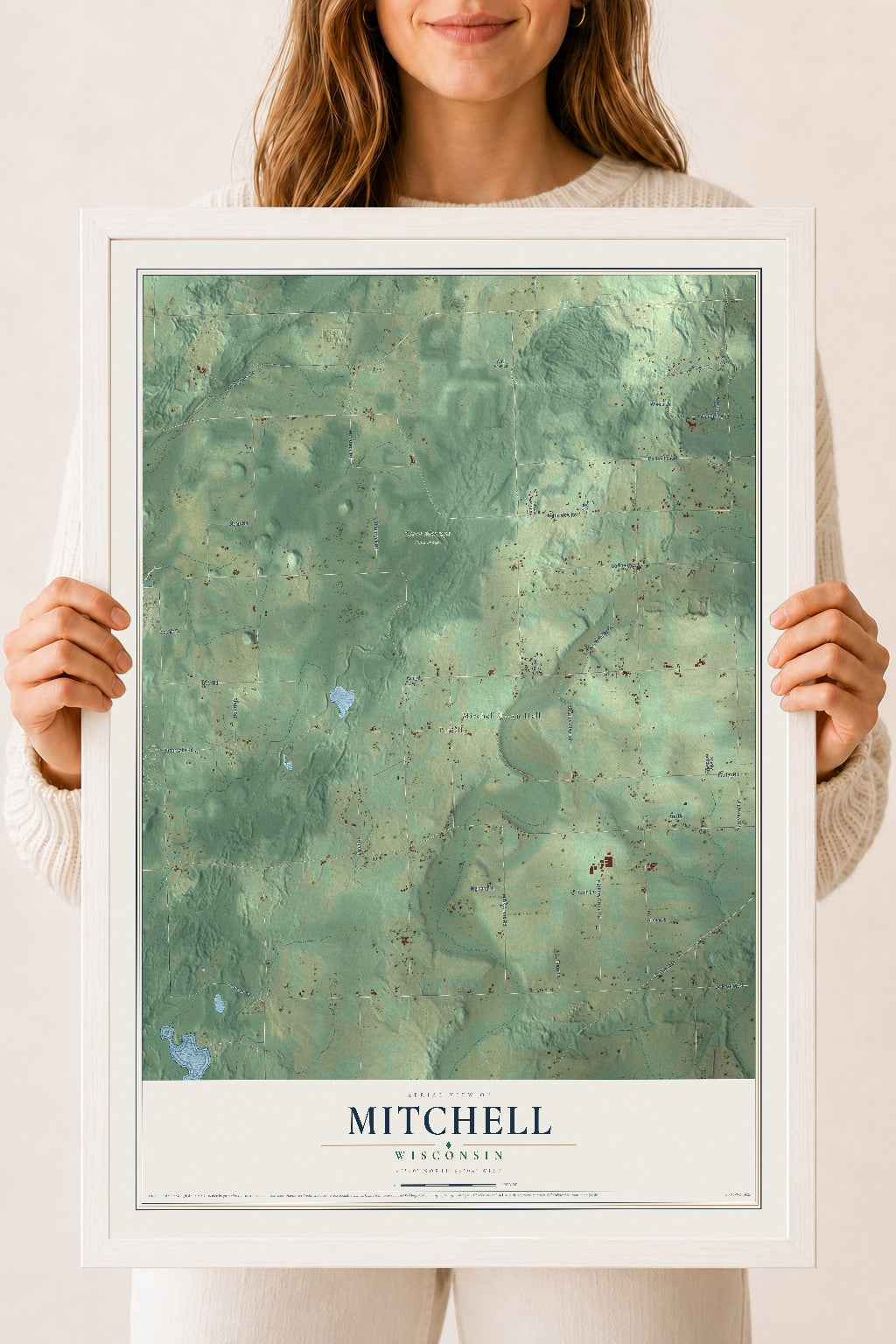 Map of Mitchell, Wisconsin, 18 x 24 inch print in a white wood frame