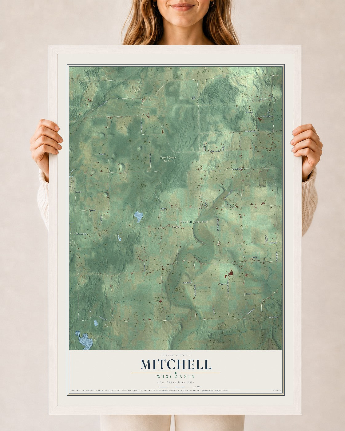 Map of Mitchell, Wisconsin, 24 x 36 inch print in a white wood frame