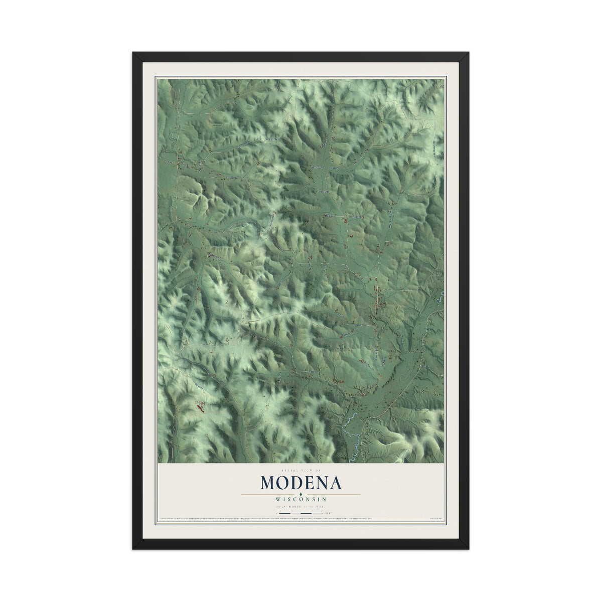 Map of Modena, Wisconsin, 12 x 18 inch print in a black wood frame