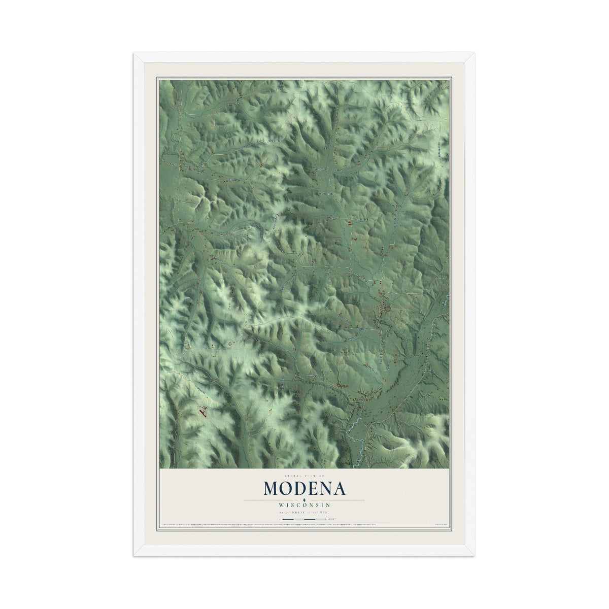 Map of Modena, Wisconsin, 12 x 18 inch print in a white wood frame
