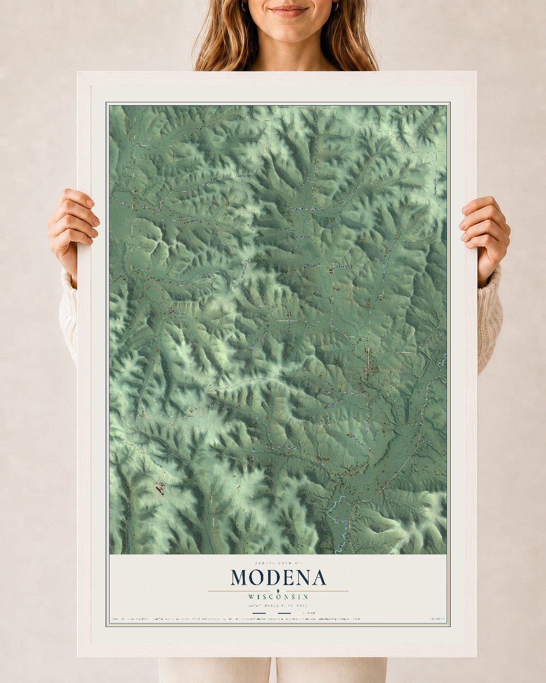 Map of Modena, Wisconsin, 24 x 36 inch print in a white wood frame