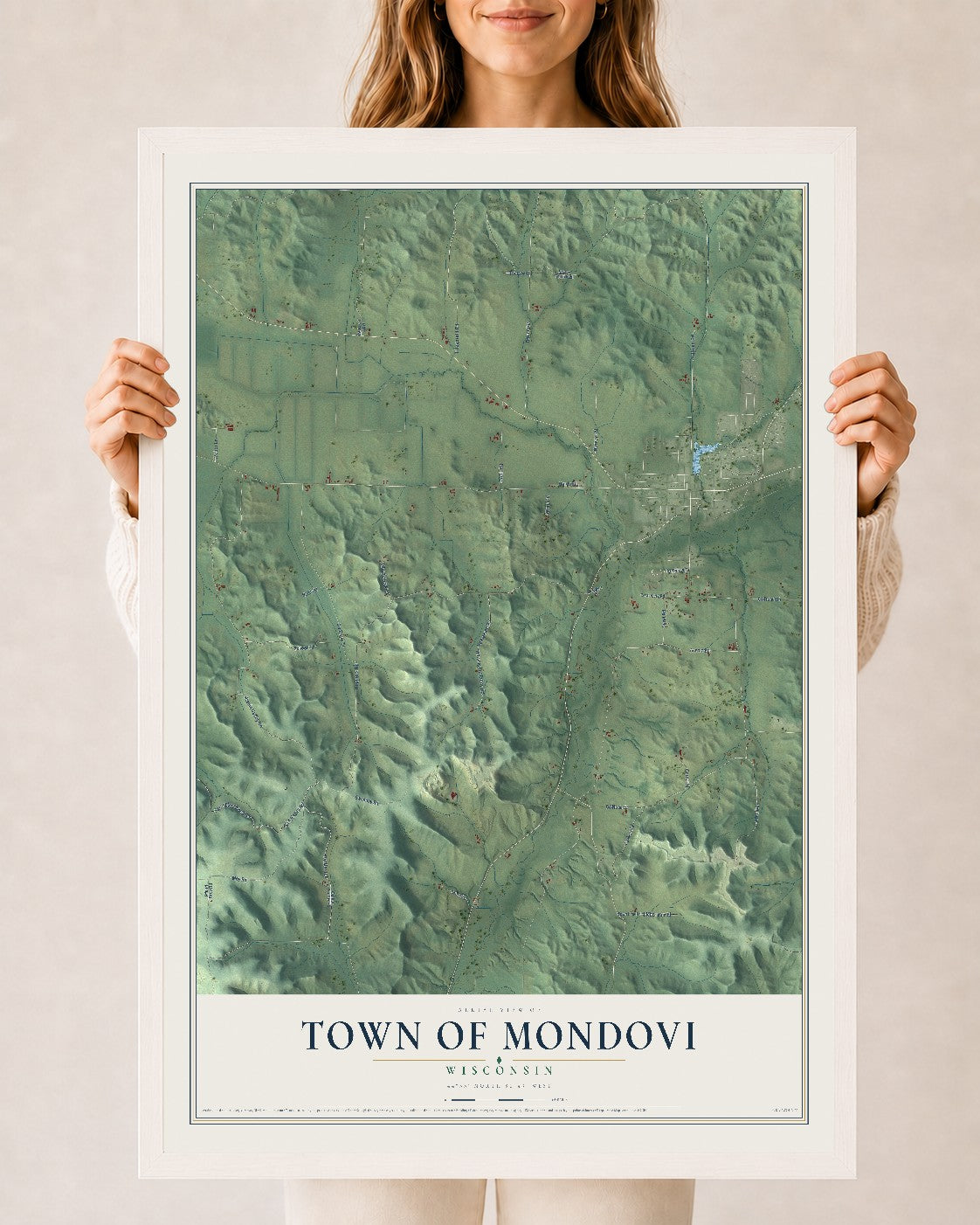 Map of the Town of Mondovi, Wisconsin, 24 x 36 inch print in a white wood frame