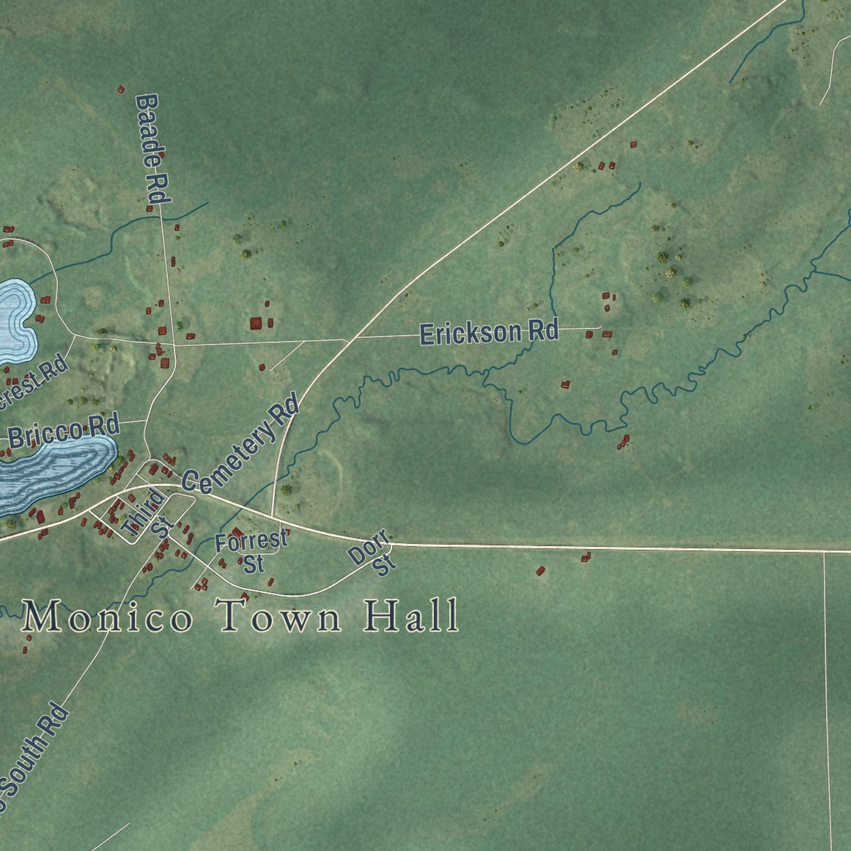 Second close-up of the map of Monico, Wisconsin print showing more streets and buildings