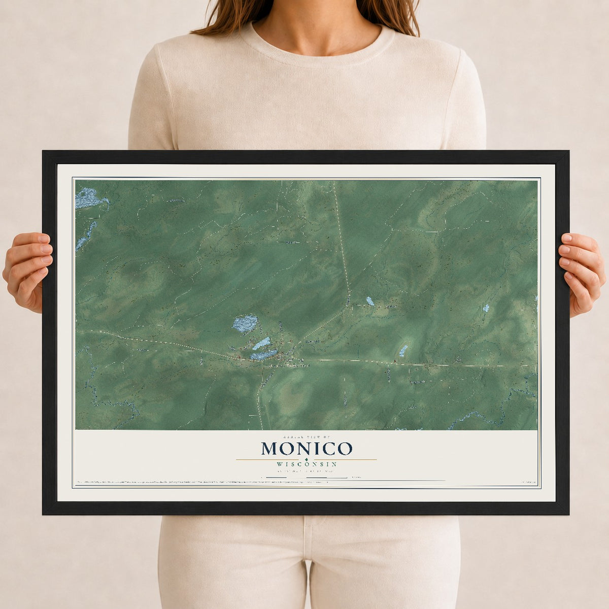 Map of Monico, Wisconsin, 12 x 18 inch print in a black wood frame