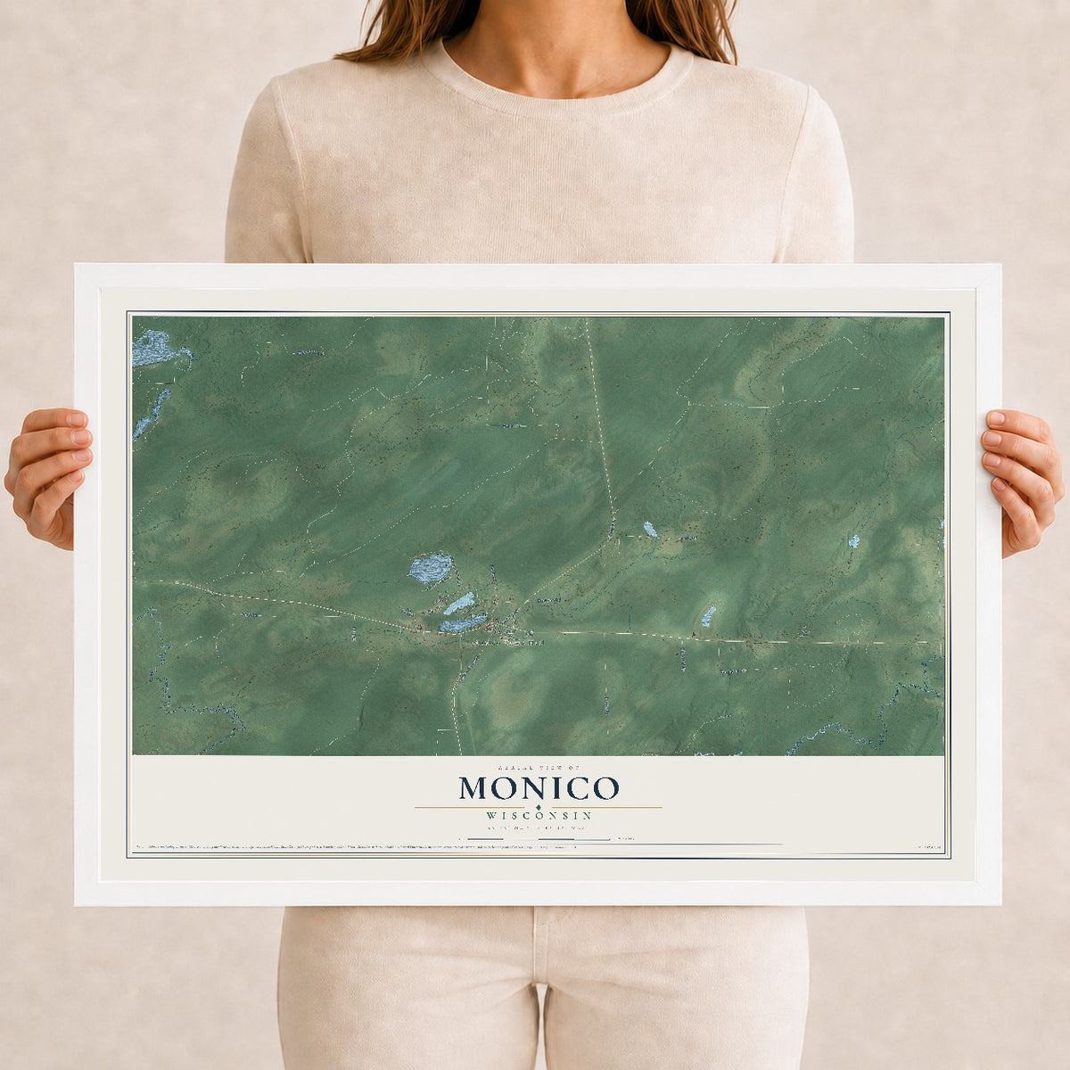 Map of Monico, Wisconsin, 12 x 18 inch print in a white wood frame