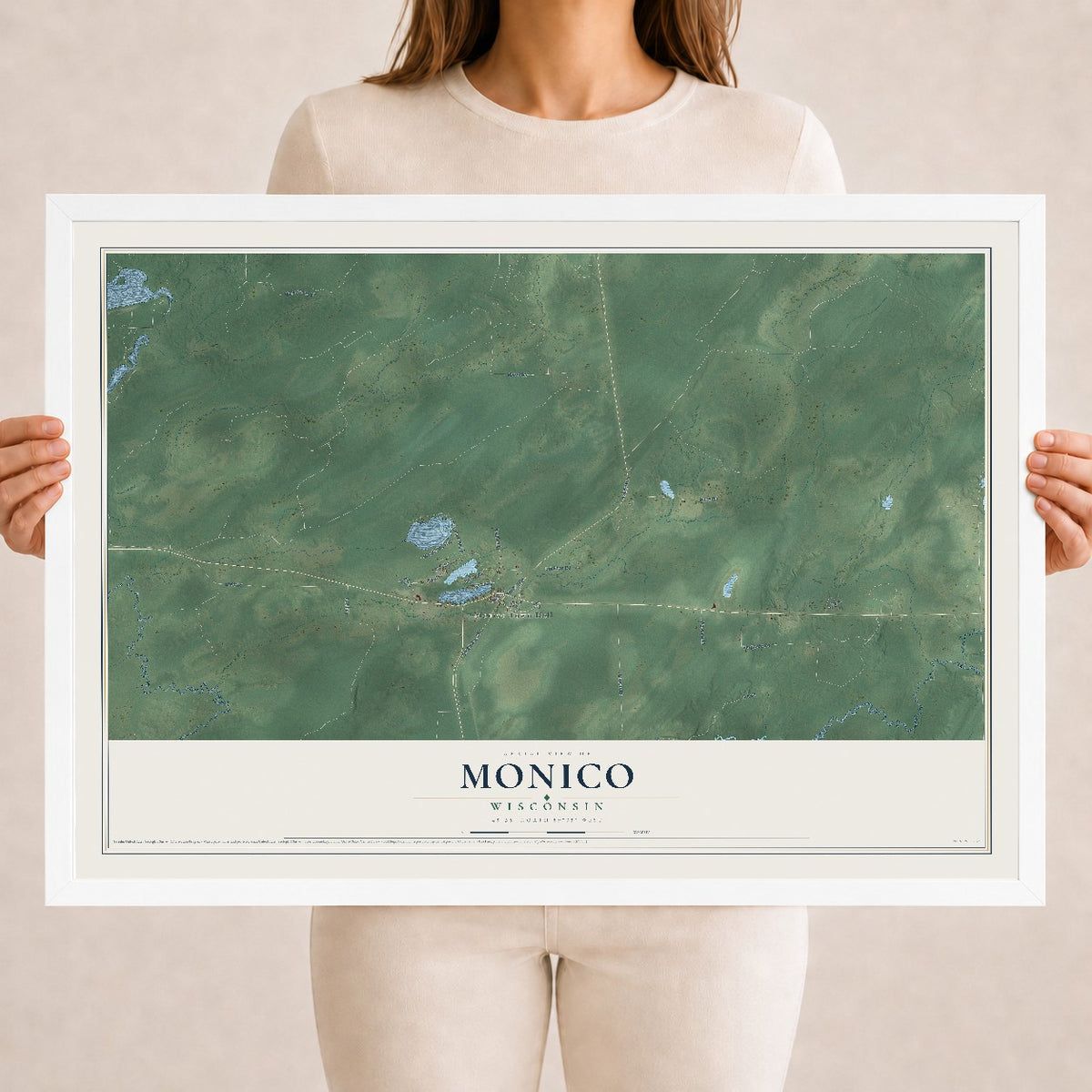 Map of Monico, Wisconsin, 18 x 24 inch print in a white wood frame